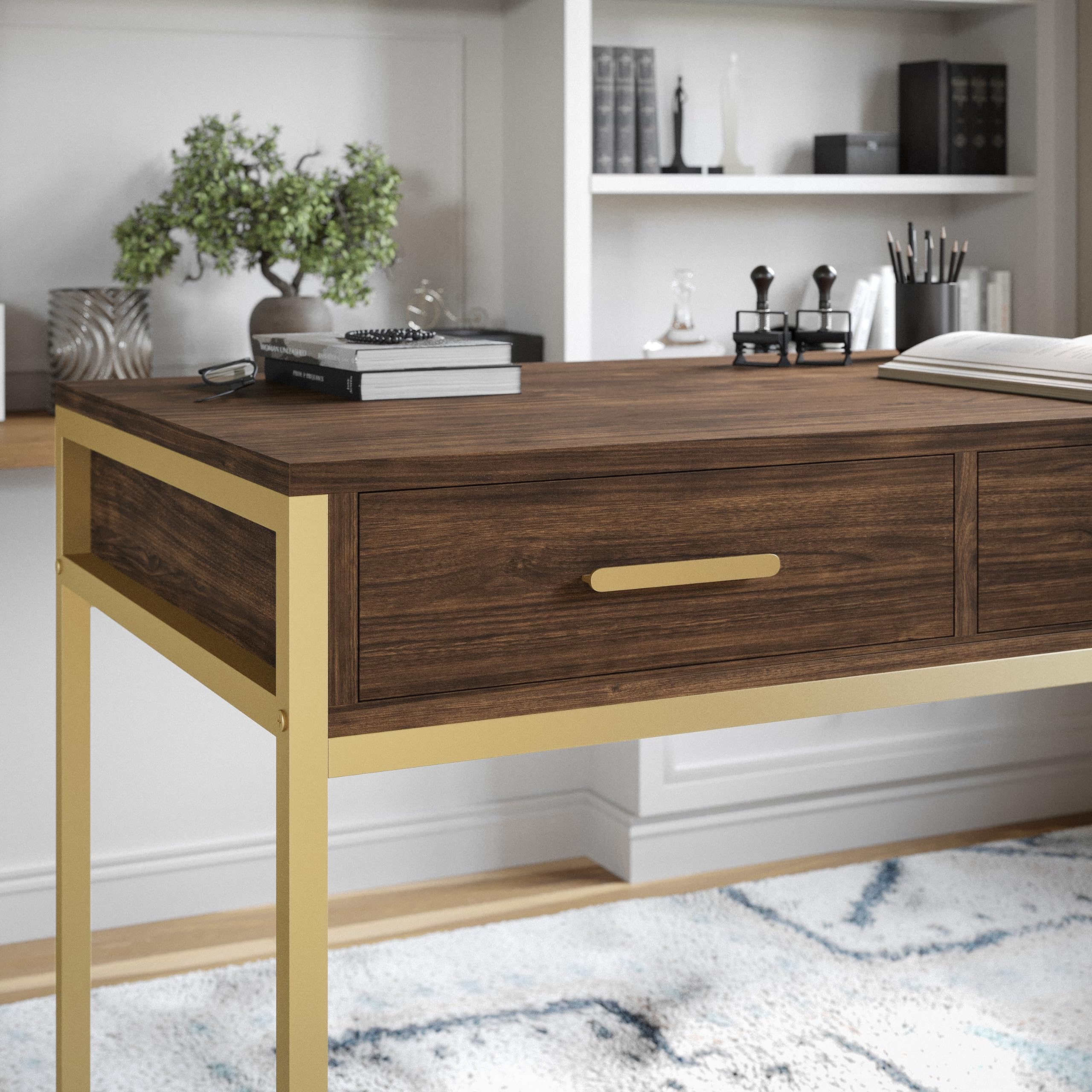 Martha Stewart Ollie Home Office Desk with 3 Drawers - Walnut Wood Grain & Polished Brass Hardware - Perfect for Small Spaces, Remote Work & Modern Home Offices