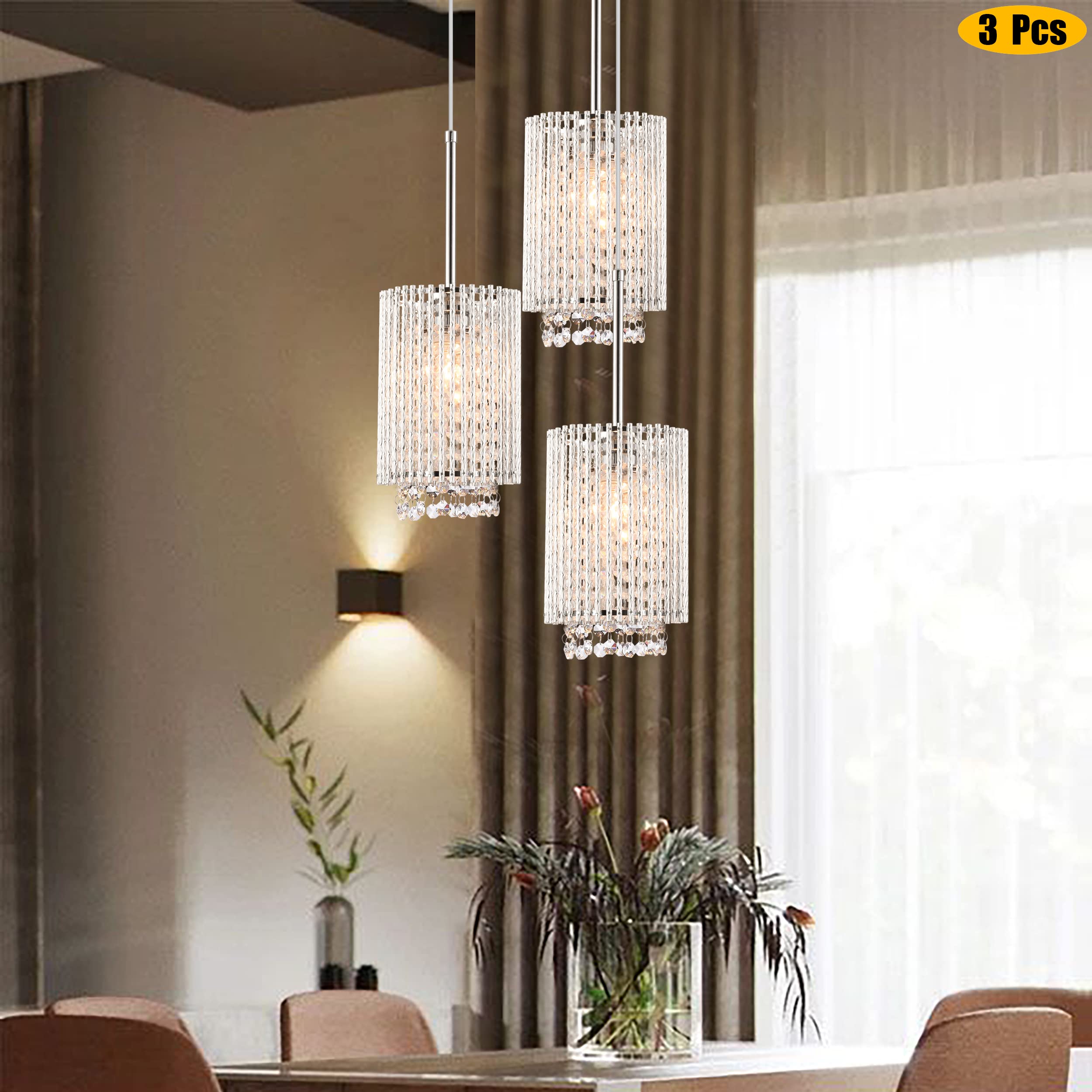 3 Pack Farmhouse Pendant Lights - Crystal Hanging Chandelier for Kitchen Island, Dining Room, Bedroom & Bar - Modern Ceiling Fixture with E26 Base - Perfect for Home Decor, Restaurant Lighting & Commercial Spaces