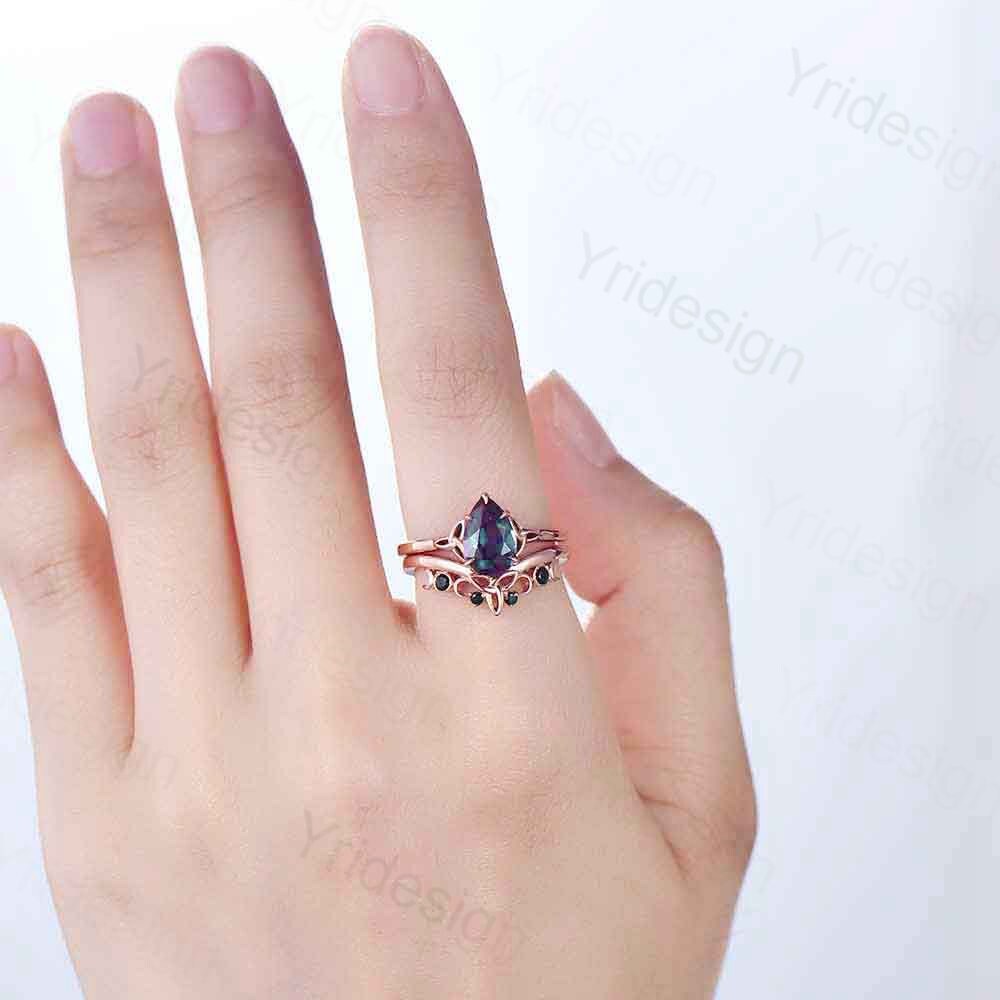 Celtic Knot Norse Viking Alexandrite Engagement Ring Set - Unique Pear Alexandrite Wedding Ring with Curved Black Spinel Matching Band Bridal Jewelry | Perfect for Celtic Weddings, Viking-Themed Proposals & Anniversary Gifts