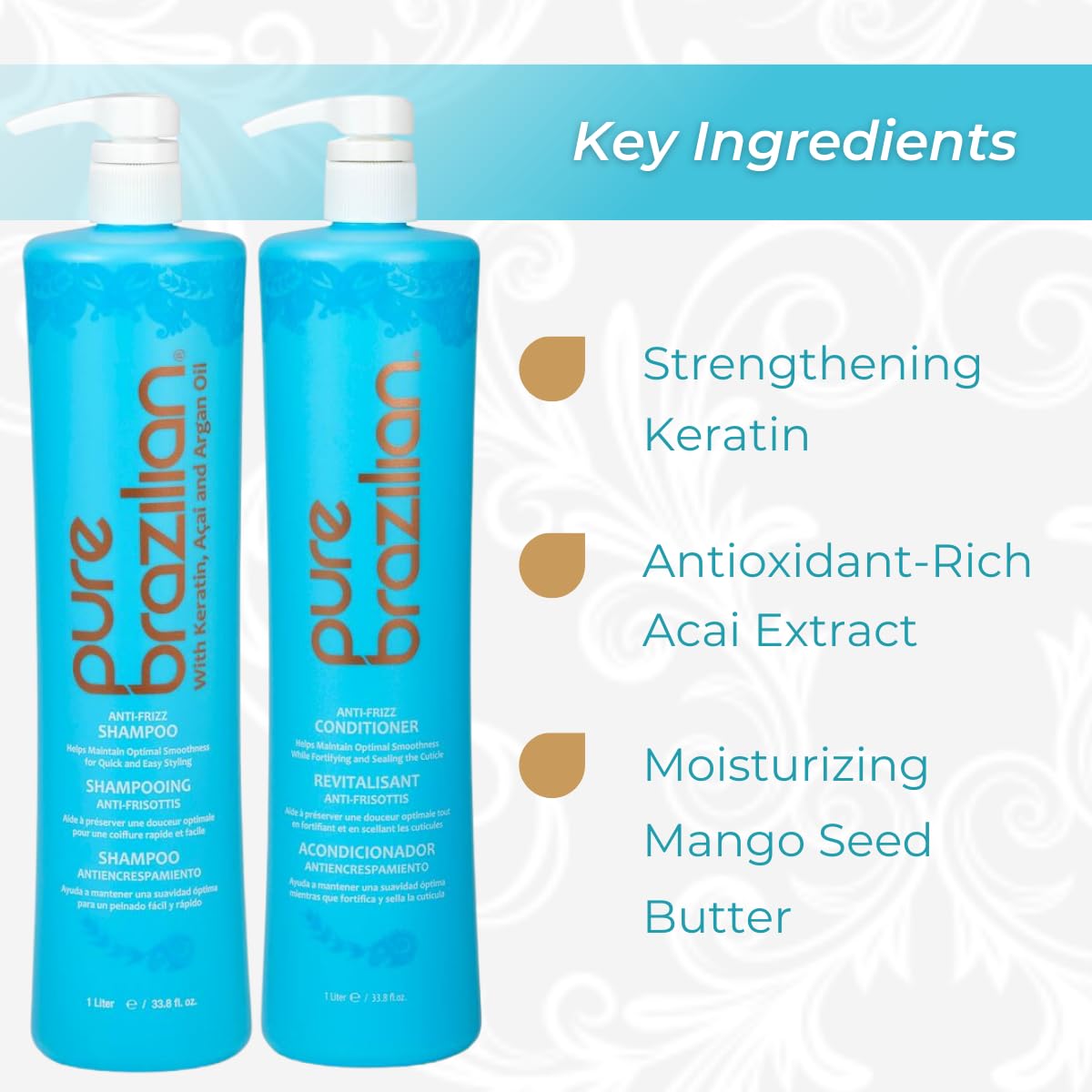 Pure Brazilian Anti-Frizz Shampoo and Conditioner Set - Keratin, Argan Oil & Acai Enriched - Salt-Free & Color Safe Hair Care - 1 Liter (33.8 Fl Oz) - Perfect for Dry, Damaged & Frizzy Hair - Daily Use for Smooth & Shiny Locks