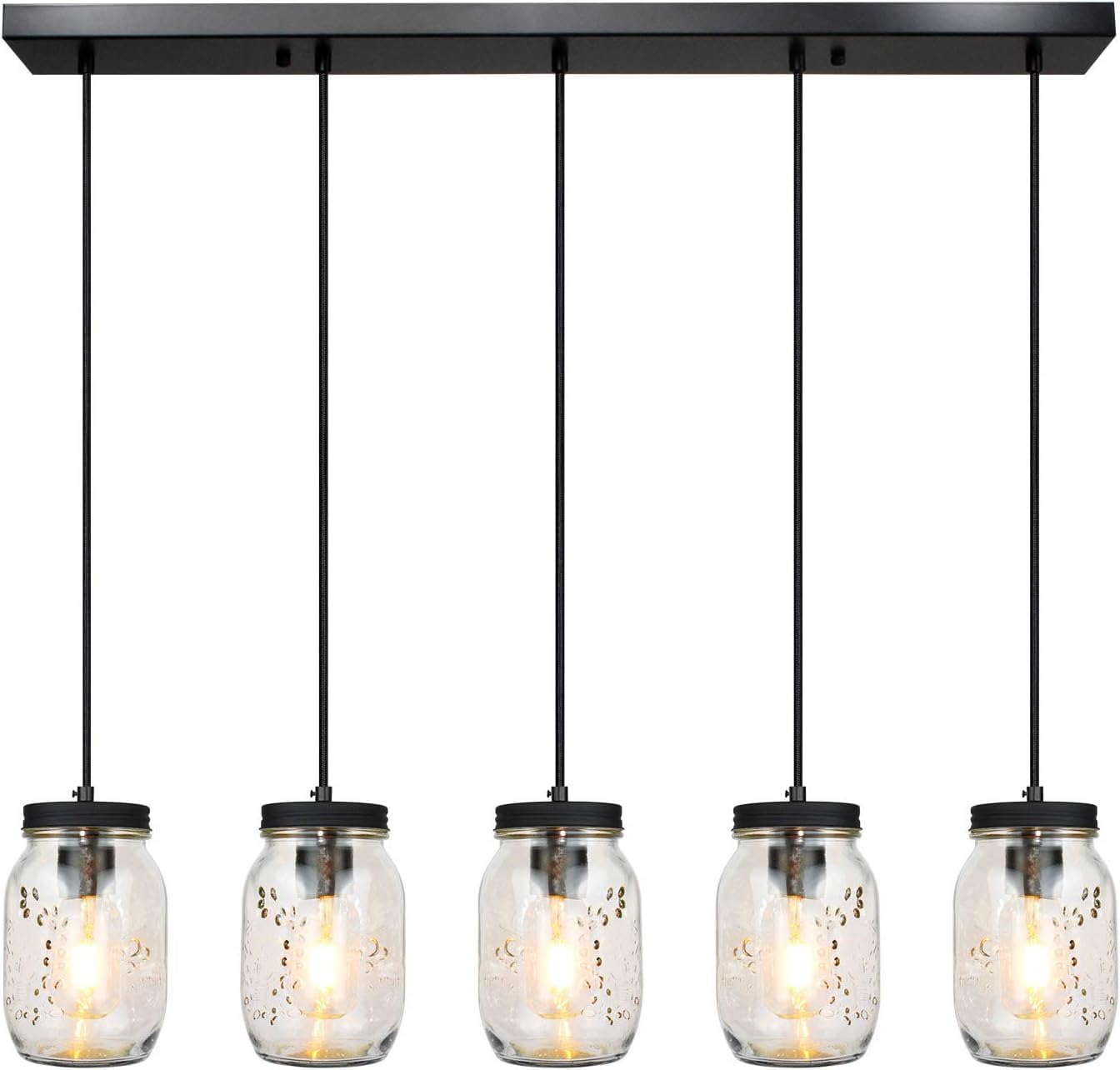 5-Lights Mason Jar Pendant Lighting - Farmhouse Glass Jar Ceiling Light Fixture for Kitchen Island, Dining Room, Farmhouse Decor - Perfect for Barn, Hallway & Stairway Lighting
