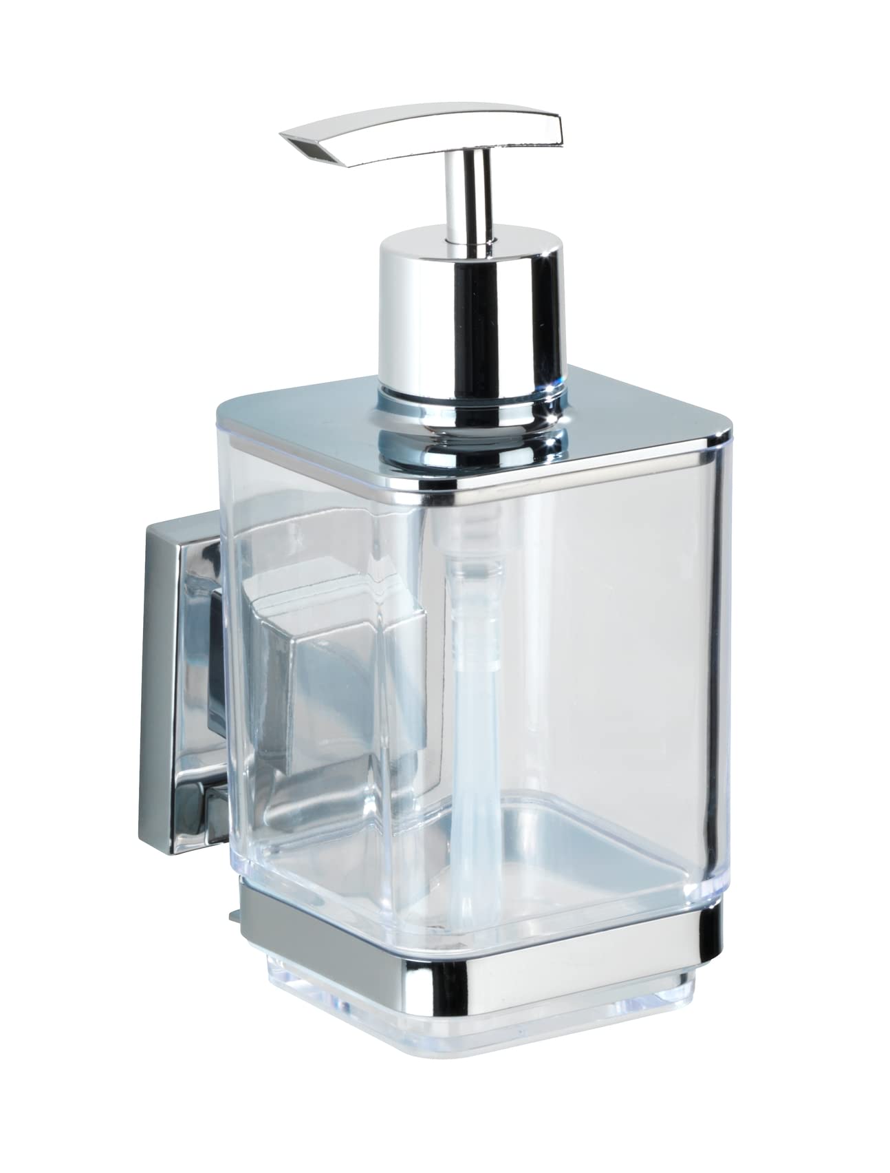WENKO Vacuum-Loc Soap Dispenser Quadro - Stainless Steel, Silver Shiny (7.5 x 10 x 16 cm) - Perfect for Kitchen, Bathroom, and Office Hygiene