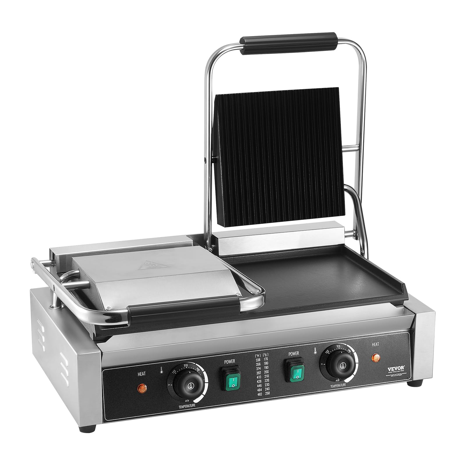 VEVOR 3600W Commercial Electric Panini Grill Press, Stainless Steel Double Sandwich Maker with Temperature Control & 19