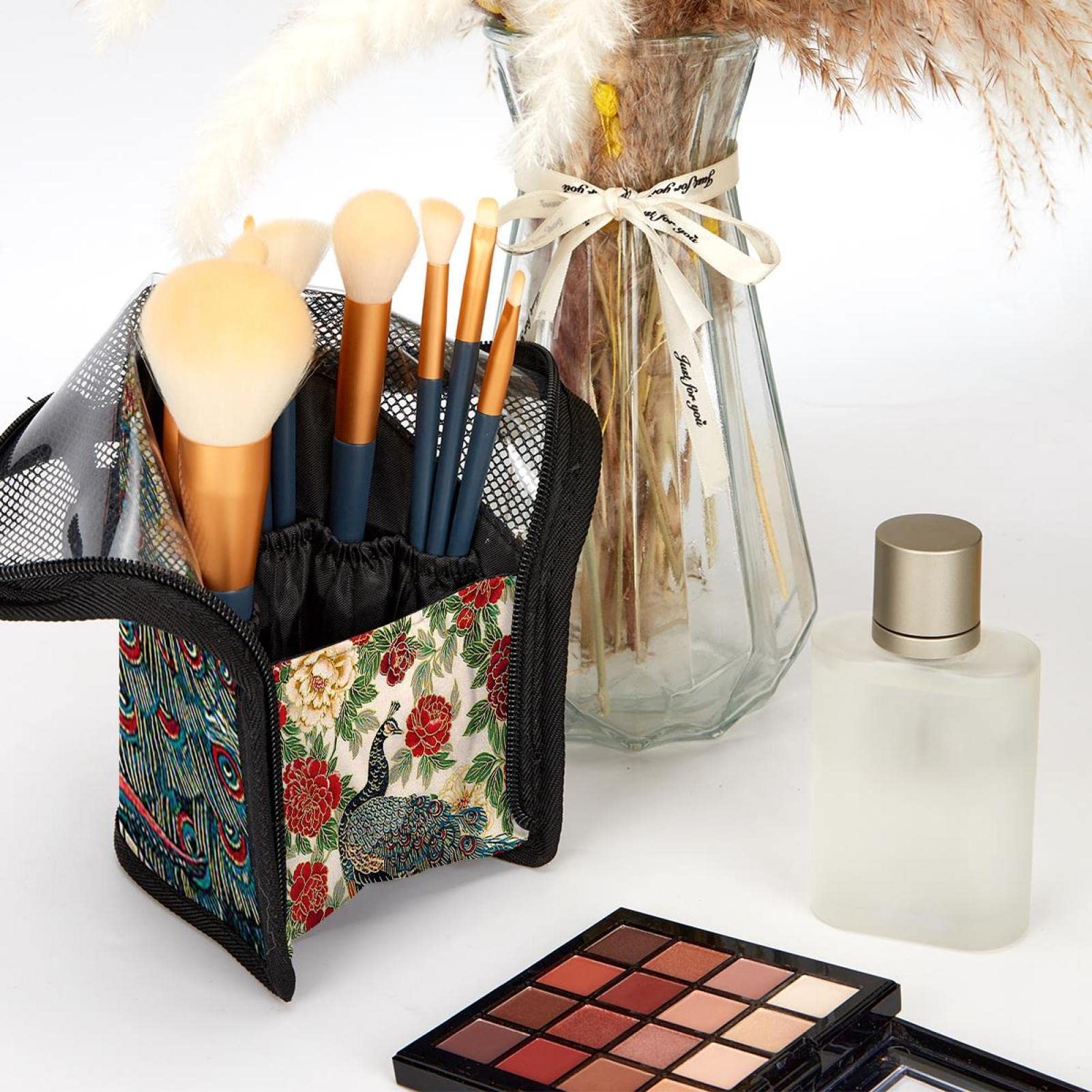 12-Piece Makeup Brush Organizer Bag with Peacock Flower Design - Portable Travel Cosmetic Brush Holder Case for Professional Makeup Artists & Beauty Enthusiasts - Perfect for Home, Travel, and Salon Use
