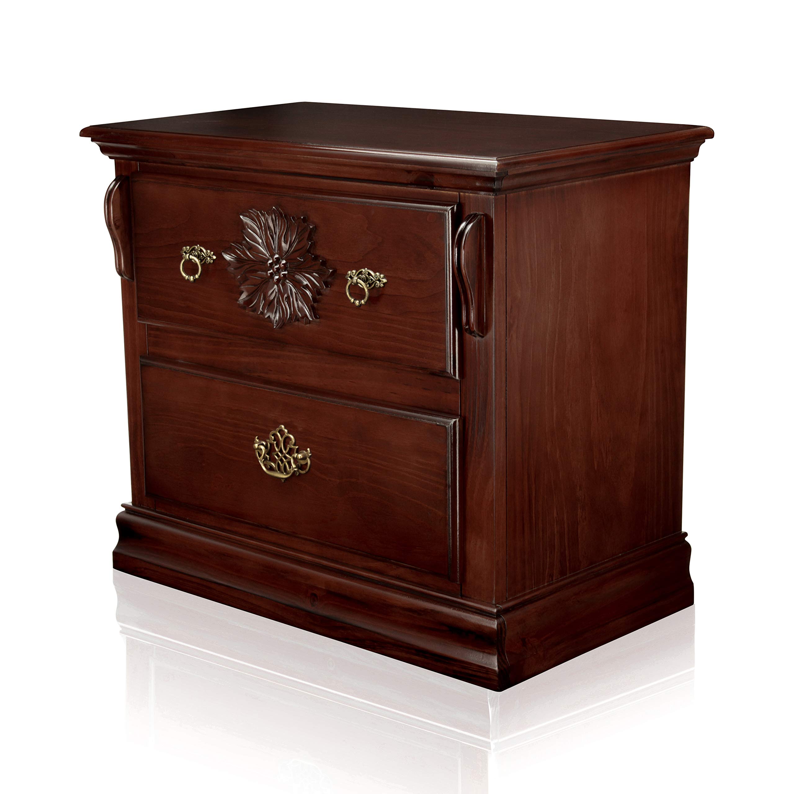 24/7 Shop at Home Vignetta Traditional Queen Bed Frame with 2 Nightstands Set - Glossy Dark Pine Finish - Perfect for Master Bedroom, Guest Room & Cozy Home Decor