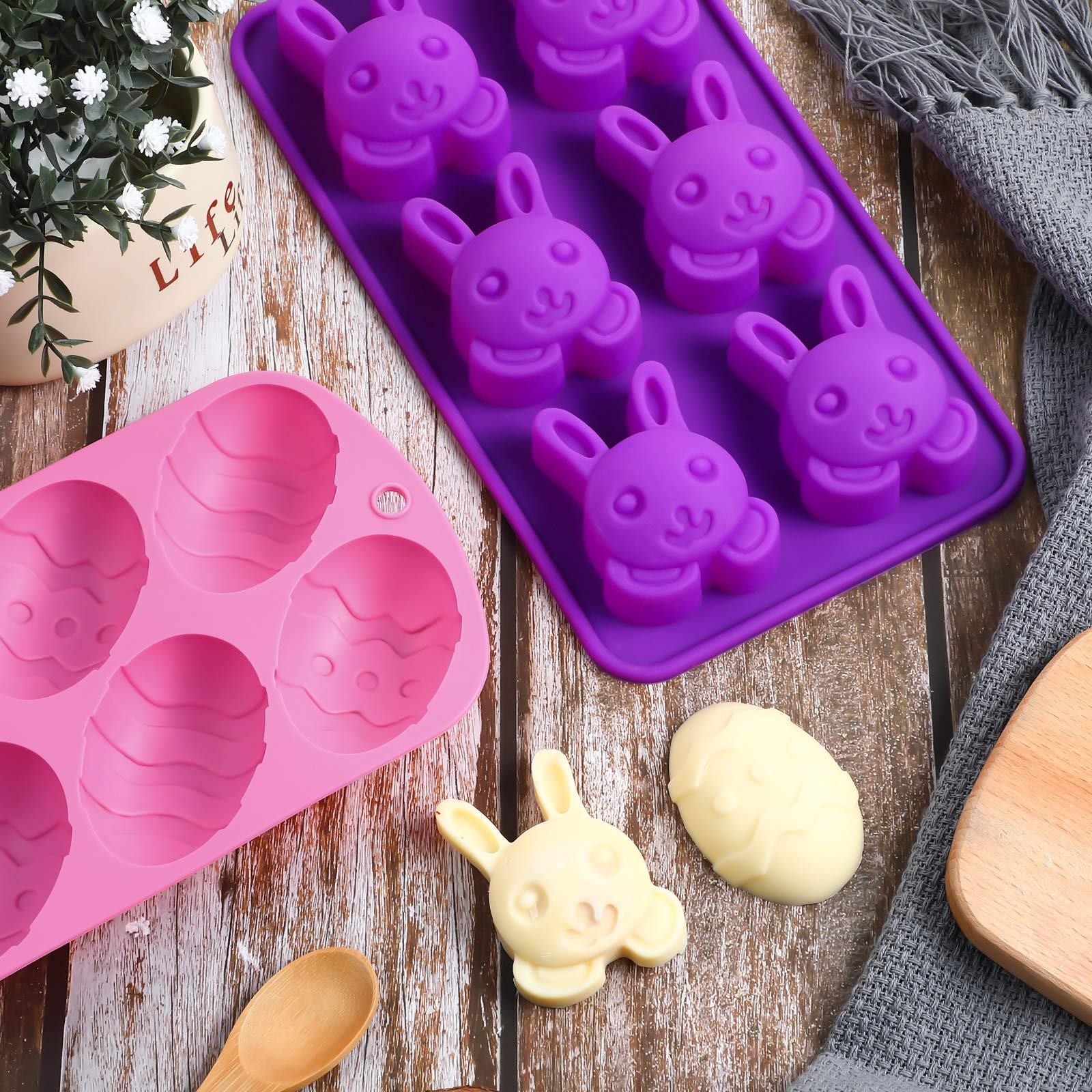 Geiserailie 2-Piece Easter Bunny Egg Shaped Silicone Molds for Chocolate, Candy, Cookies, Cakes, Jelly, Ice Cubes & Soap Making - Perfect for Easter Parties, DIY Desserts & Holiday Baking
