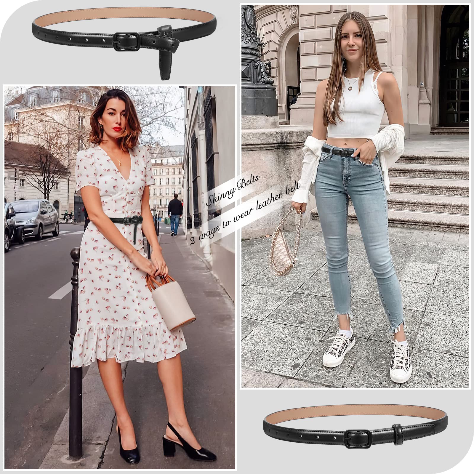 JASGOOL Women's Skinny Belt - Thin Leather Waist Belt for Jeans with Black Metal Buckle - Perfect for Casual Outfits, Office Wear & Everyday Fashion