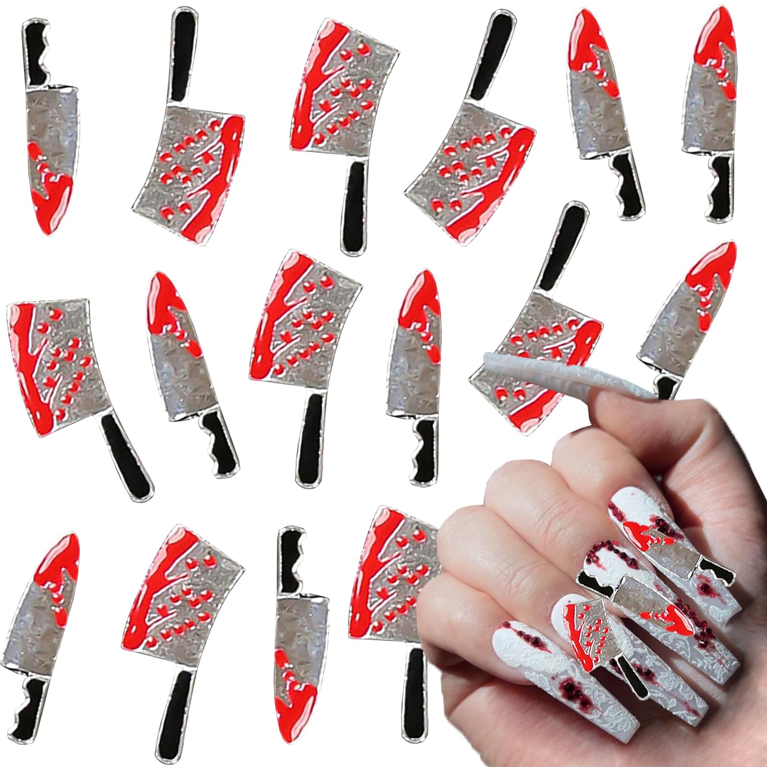 16Pcs 3D Metallic Silver Alloy Halloween Nail Charms - Knife-Shaped Nail Art Decorations with Rhinestones for Acrylic Nails, DIY Nail Accessories Jewelry - Perfect for Halloween Parties, Cosplay, and Gothic Nail Art Designs