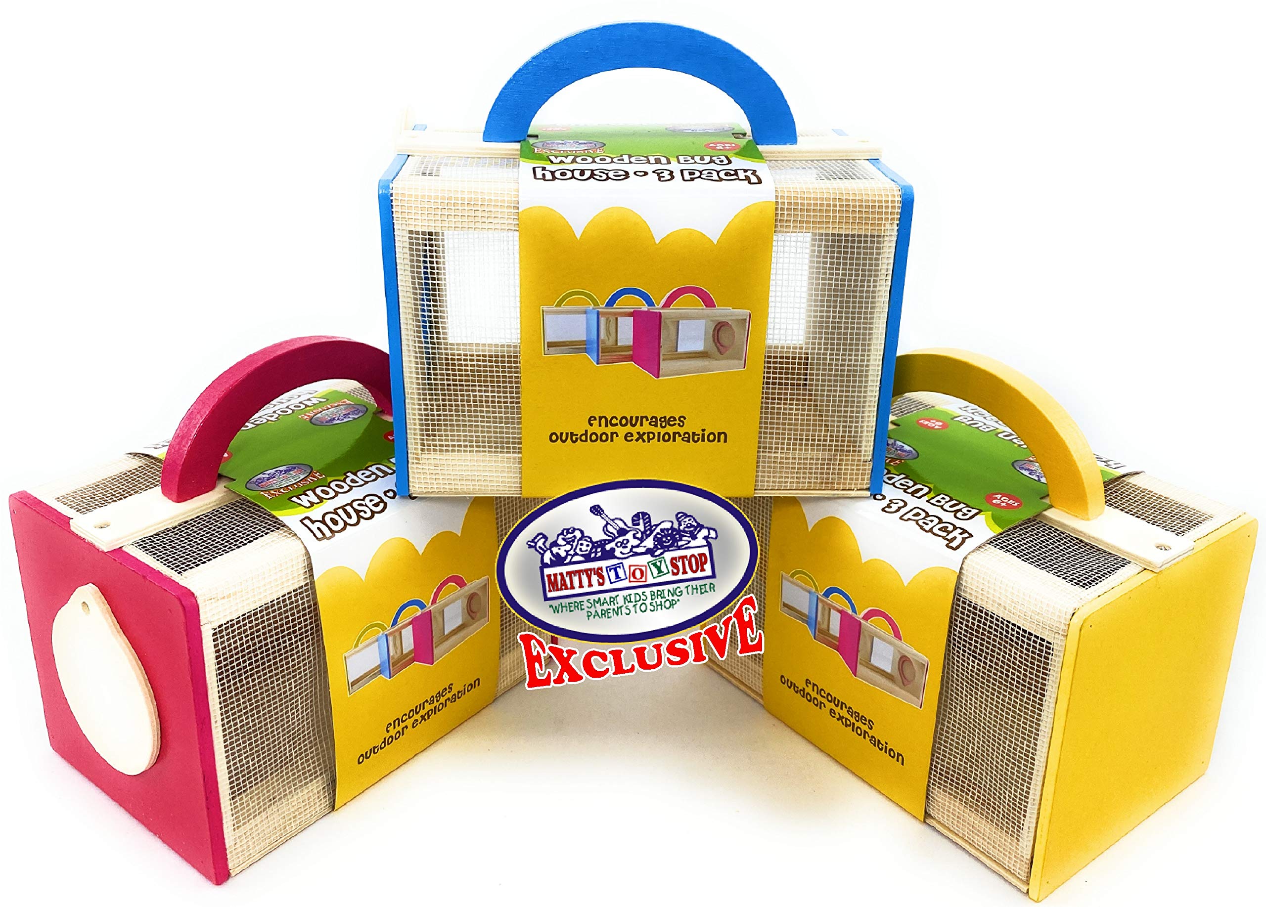 Wooden Bug House Insect Cages - 3 Pack (Blue, Red, Yellow) for Kids Outdoor Exploration
