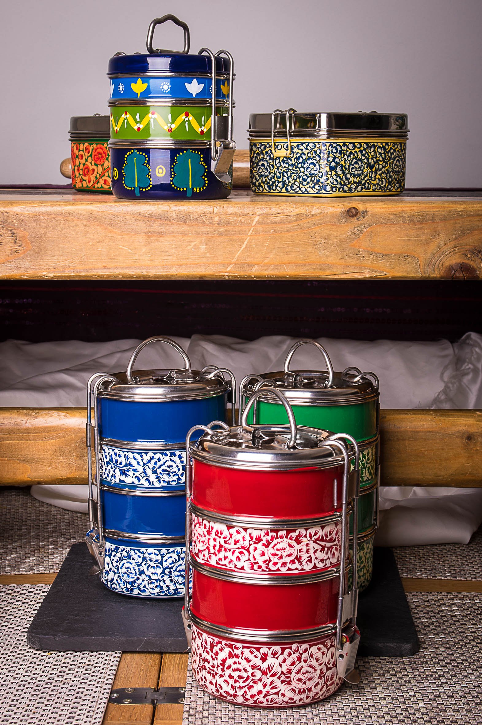 4 Tier Red Handpainted Tiffin Box - Indian Stainless Steel Lunch Container for Office, School & Picnics - Stackable Food Storage Carrier for Meals, Snacks & Leftovers
