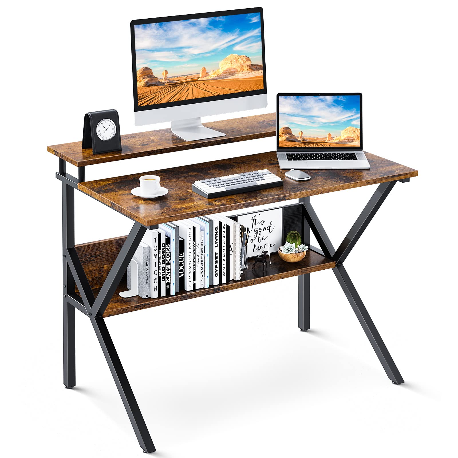 ODK Small Desk - 27.5 Inch Compact Computer Desk with Storage & Monitor Stand | Space-Saving Home Office Desk for Small Spaces | Perfect for Tiny Apartments, Dorm Rooms & Workstations (Rustic Brown)
