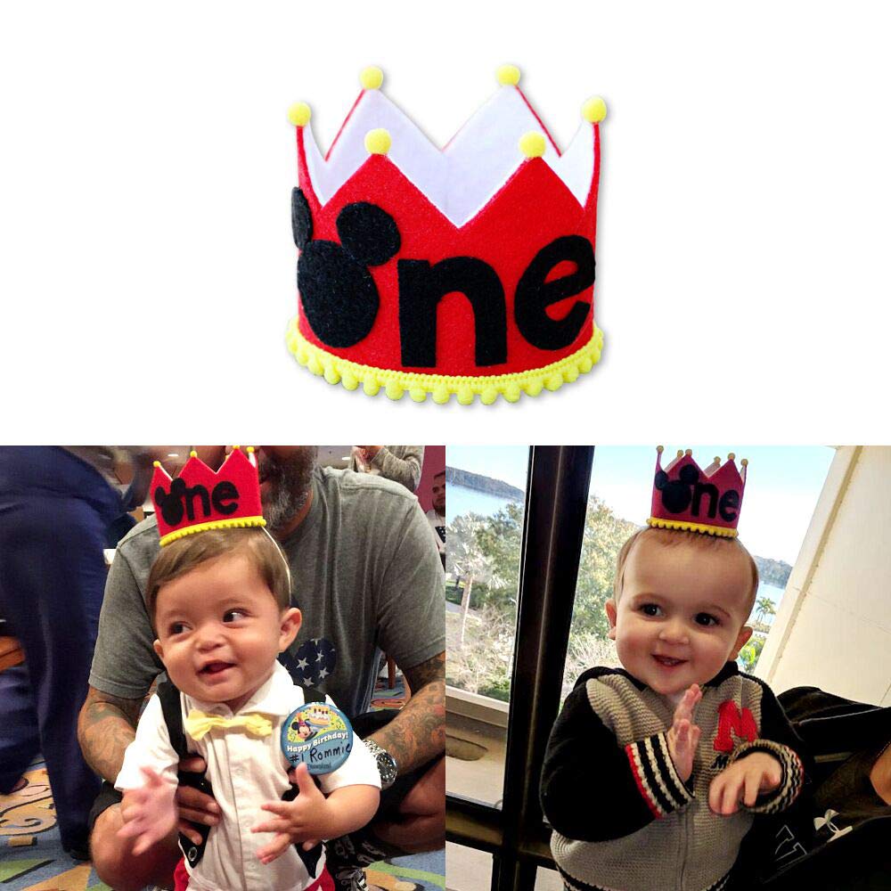 ChuangQi Mickey Mouse Theme 1st Birthday High Chair Banner & Party Crown Set - Soft Felt Fabric Decorations for Baby's First Birthday Party - Perfect for Photo Shoots, Cake Smash, and Milestone Celebrations