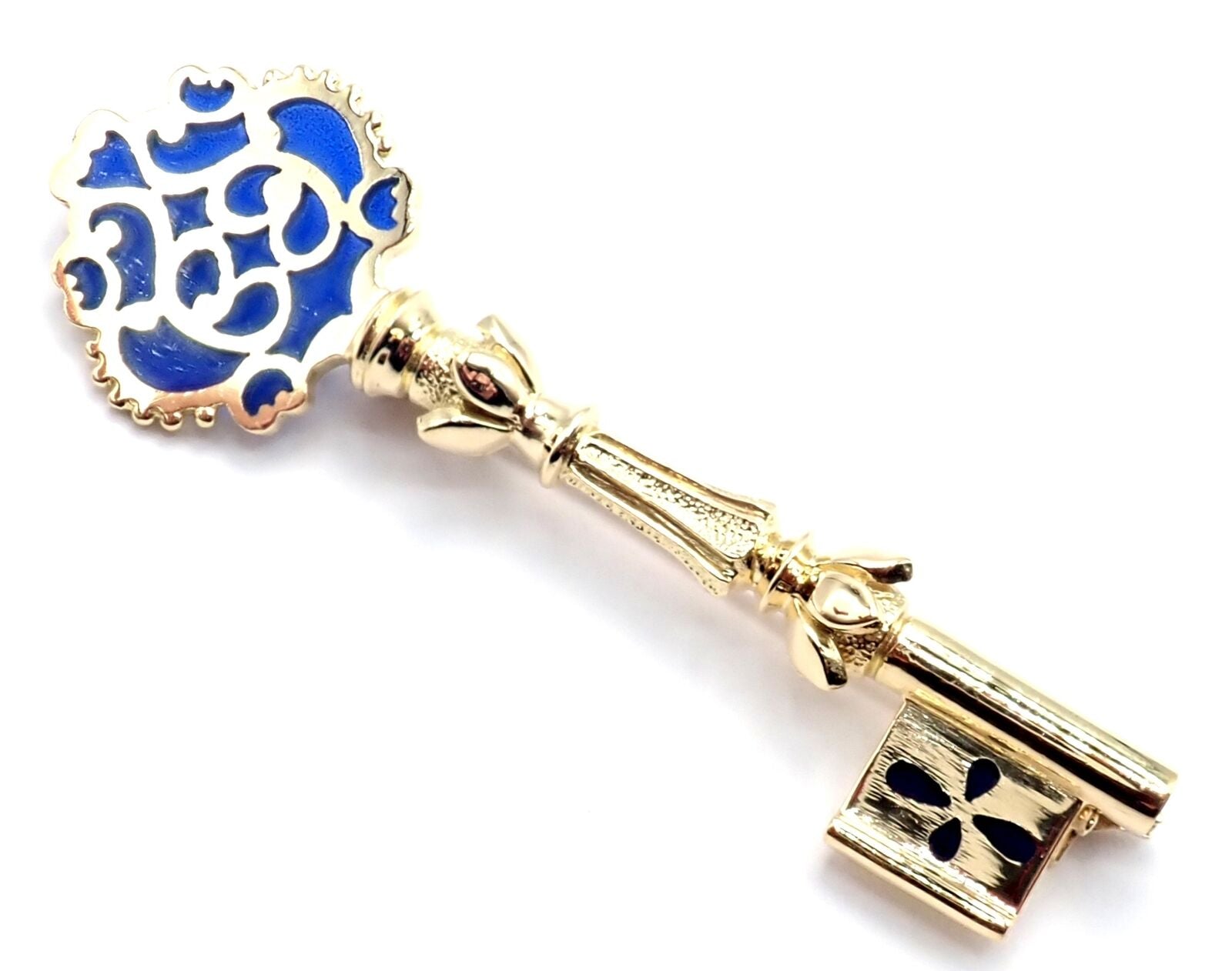 Authentic Vintage Mikimoto 18k Yellow Gold Blue Enamel Key Brooch Pin - Elegant Jewelry Gift for Women, Perfect for Weddings, Parties & Special Occasions