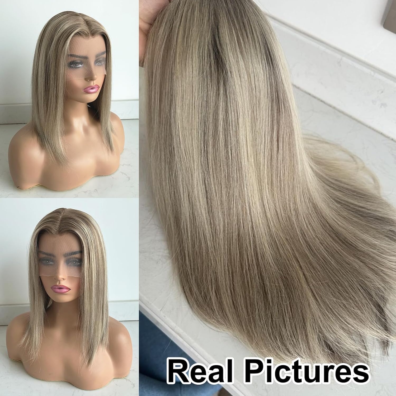 Ash Blonde Ombre Short Bob Wig with 13x4 HD Lace Front - 100% Human Hair, Pre-Plucked, 180 Density, 12 Inch - Perfect for Daily Wear, Cosplay & Special Occasions