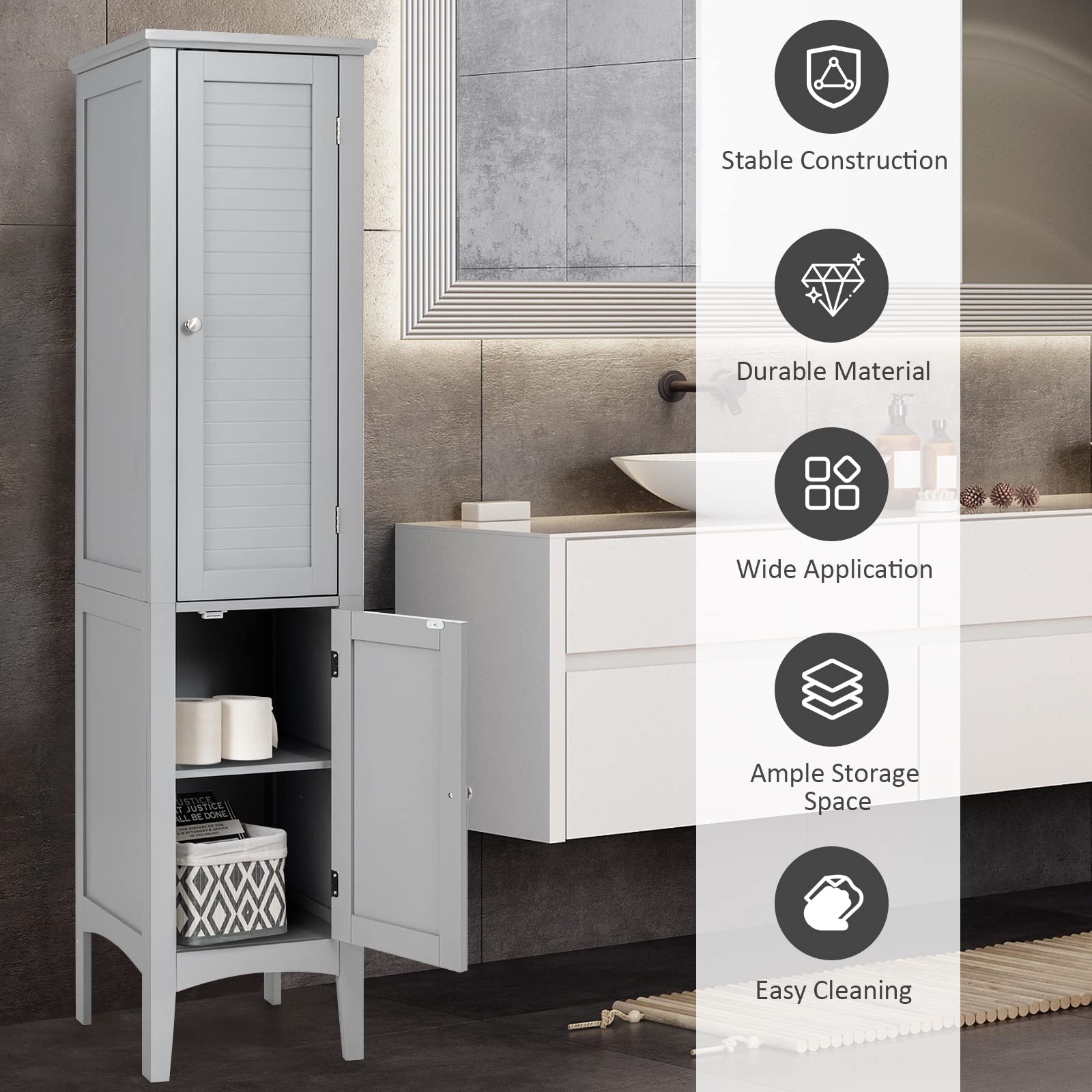 Giantex 5-Tier Storage Cabinet - Freestanding Tall Bathroom Organizer with Shelves for Bathroom, Kitchen, Living Room & Linen Closet - Space Saving Narrow Floor Cabinet (Gray) | Perfect for Small Spaces, Apartment Storage & Home Organization