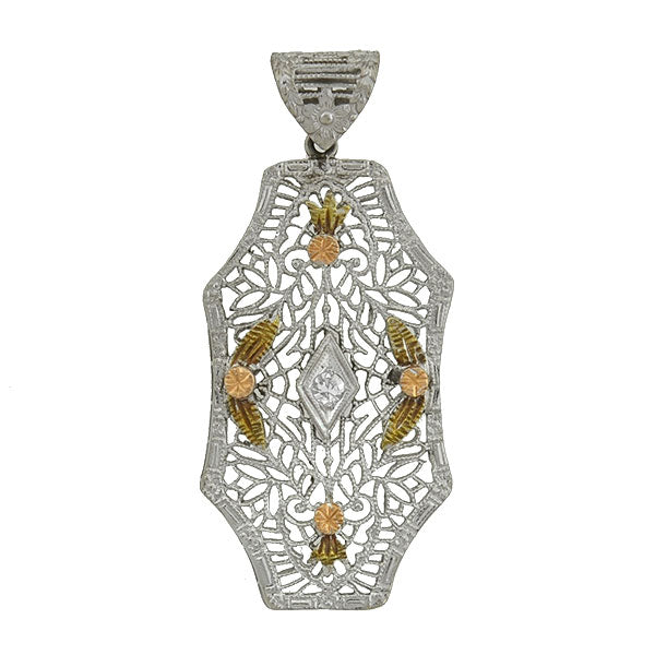 Art Deco 14K Gold Mixed Metals Diamond Filigree Pendant Necklace - Vintage Inspired Jewelry for Women, Perfect for Weddings & Special Occasions
