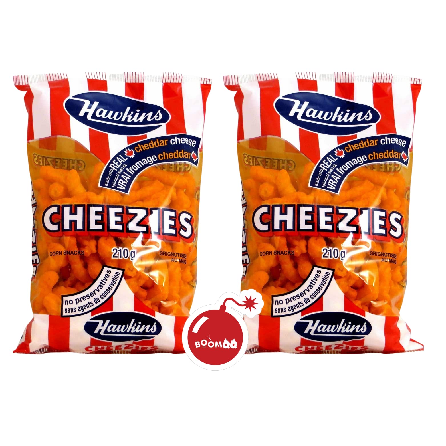 Hawkins Cheezies Canadian Snacks 210g x2pk - Crunchy Cheese Flavored Puffs - Perfect for Parties, Movie Nights & Office Snacks - Includes Free BoomQQ Sticker (Pack of 1)