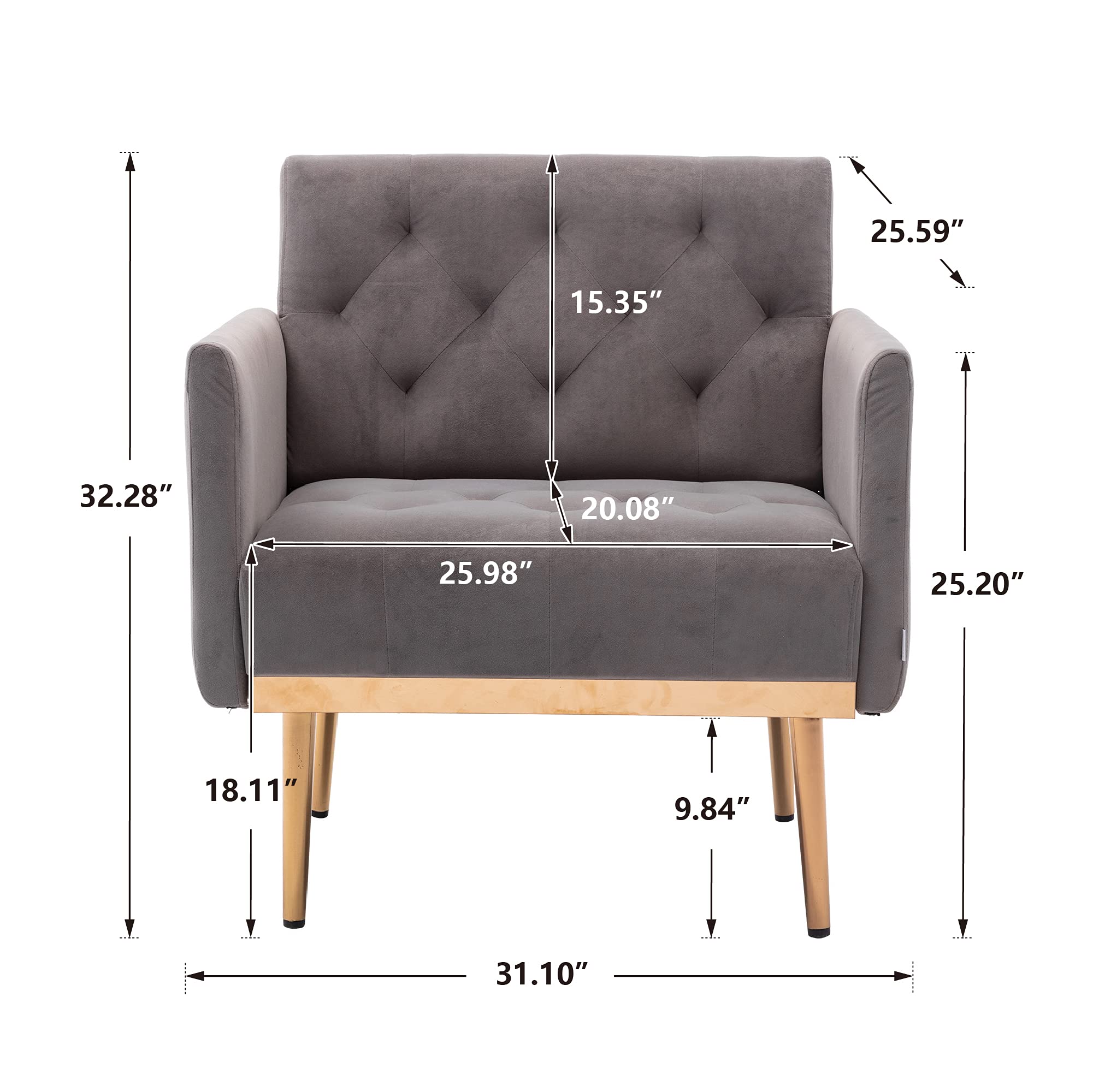 Modern Velvet Accent Chair with Rose Gold Legs - Plush Comfort Armchair in Gray for Living Room, Bedroom & Office Decor