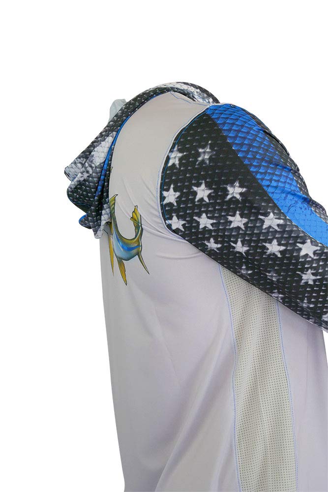 Men's UPF 50+ Performance Fishing Hoodie - Salty Scales Blue Line Leo/Snook Sun Protection Shirt for Saltwater Anglers | Perfect for Offshore Fishing, Boating & Outdoor Water Sports