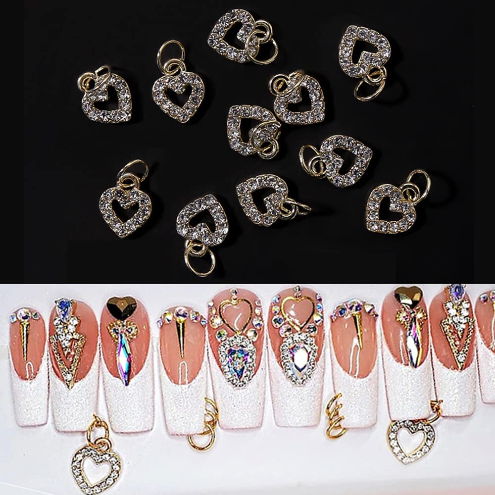 10pcs 3D Gold Heart Dangle Nail Charms - Alloy Glitter Rhinestone Nail Jewelry Pendants for Acrylic Nails - Perfect for Nail Art, Manicures & Special Occasions