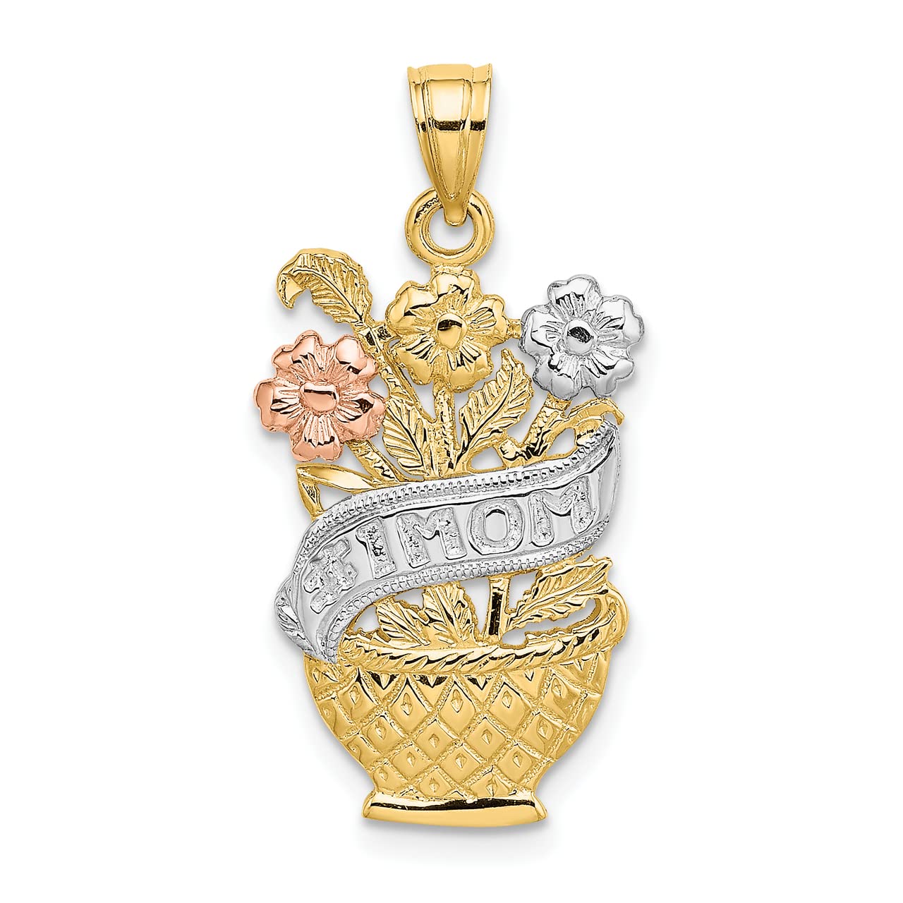 Lex & Lu 14K Two-Tone Gold and Rhodium #1 Mom Banner Flower Basket Charm Pendant - Elegant Mother's Day Gift for Women, Perfect for Necklaces & Bracelets