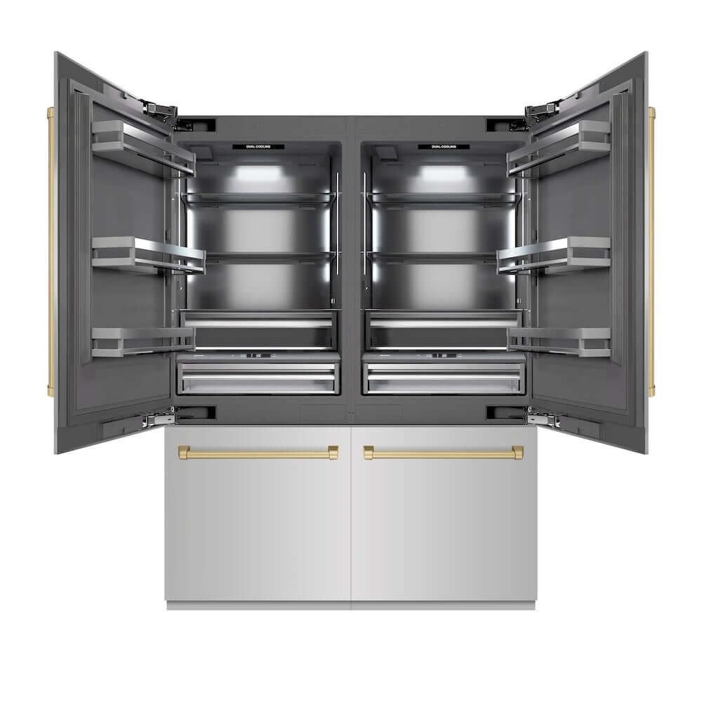 ZLINE Autograph Edition 60-Inch 32.2 Cu. Ft. French Door Built-In Bottom Freezer Refrigerator with Water Dispenser & Ice Maker - Stainless Steel with Graphite Gray Interior & Champagne Bronze Accents (GRBIVZ 304 60CB) - Perfect for Modern Kitchens & Luxury Homes