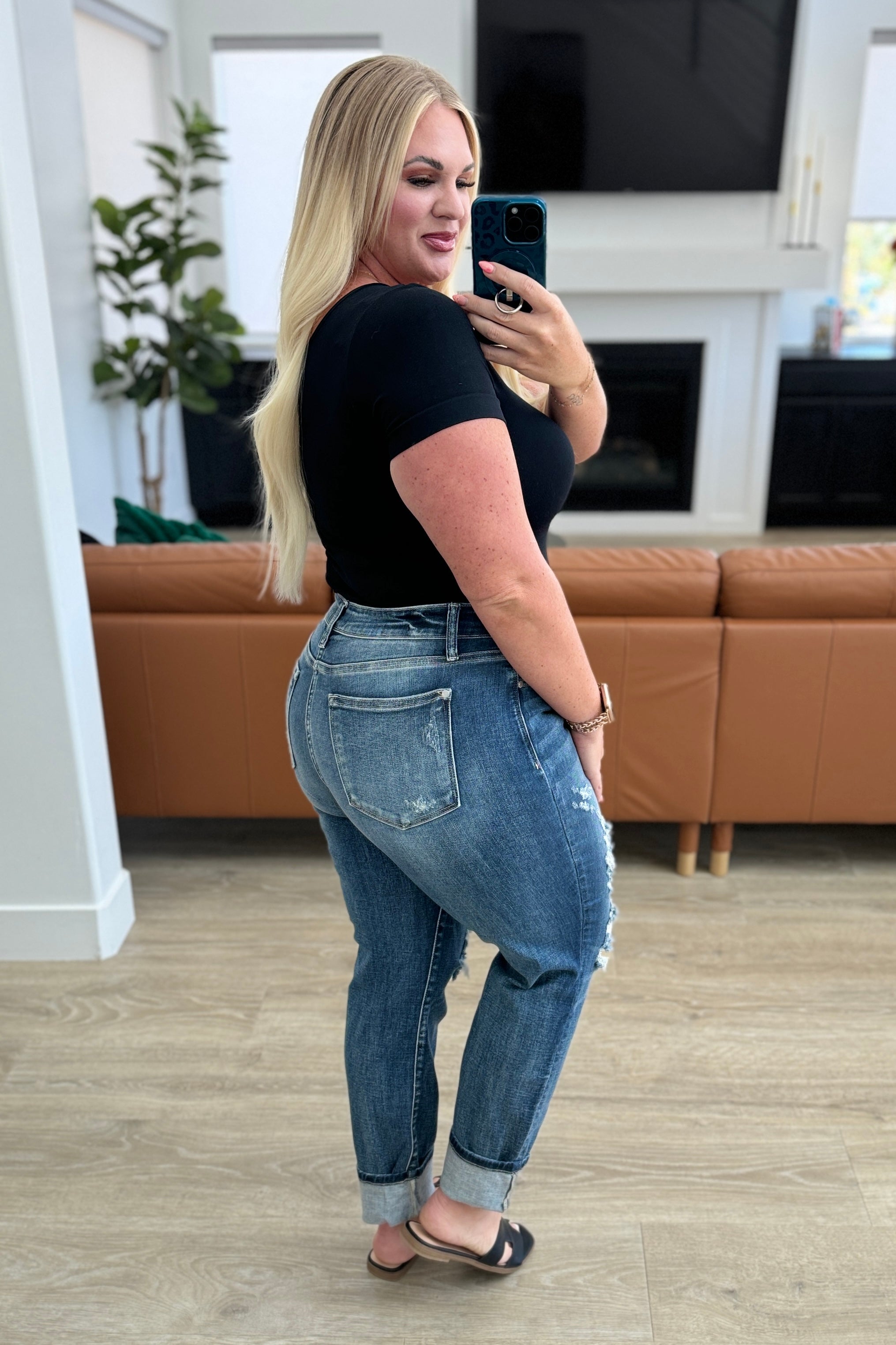 Danny Mid Rise Cuffed Destroyed Boyfriend Jeans for Women - Distressed Denim Pants with Comfortable Stretch - Perfect for Casual Outings, Street Style & Everyday Wear