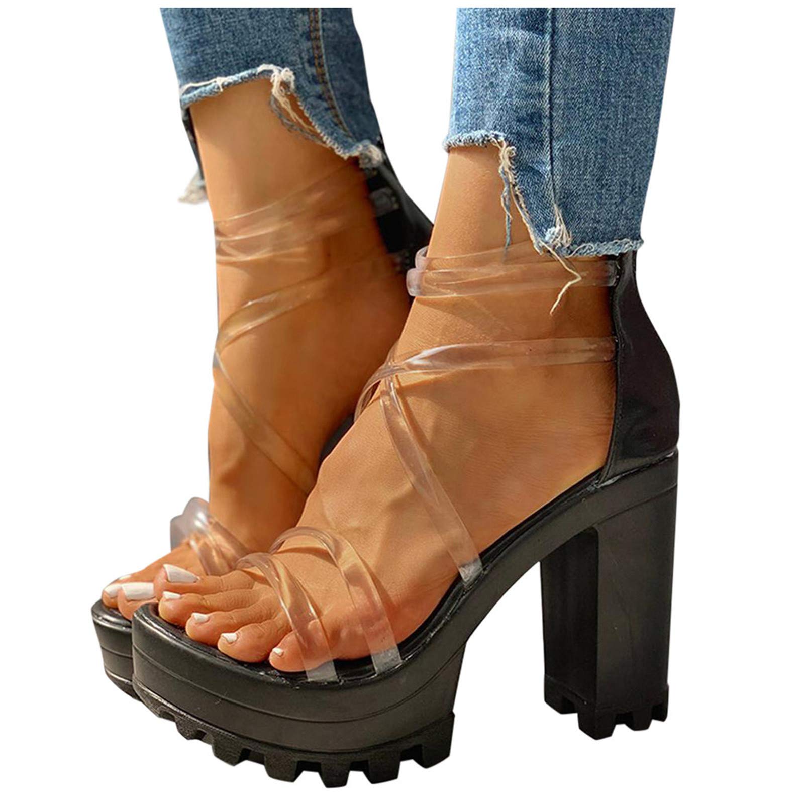 Xudanell Women's Platform Block Heel Sandals - Clear Strappy Open Toe High Heels for Club, Party & Wedding | Sexy Summer Dress Sandals for Women