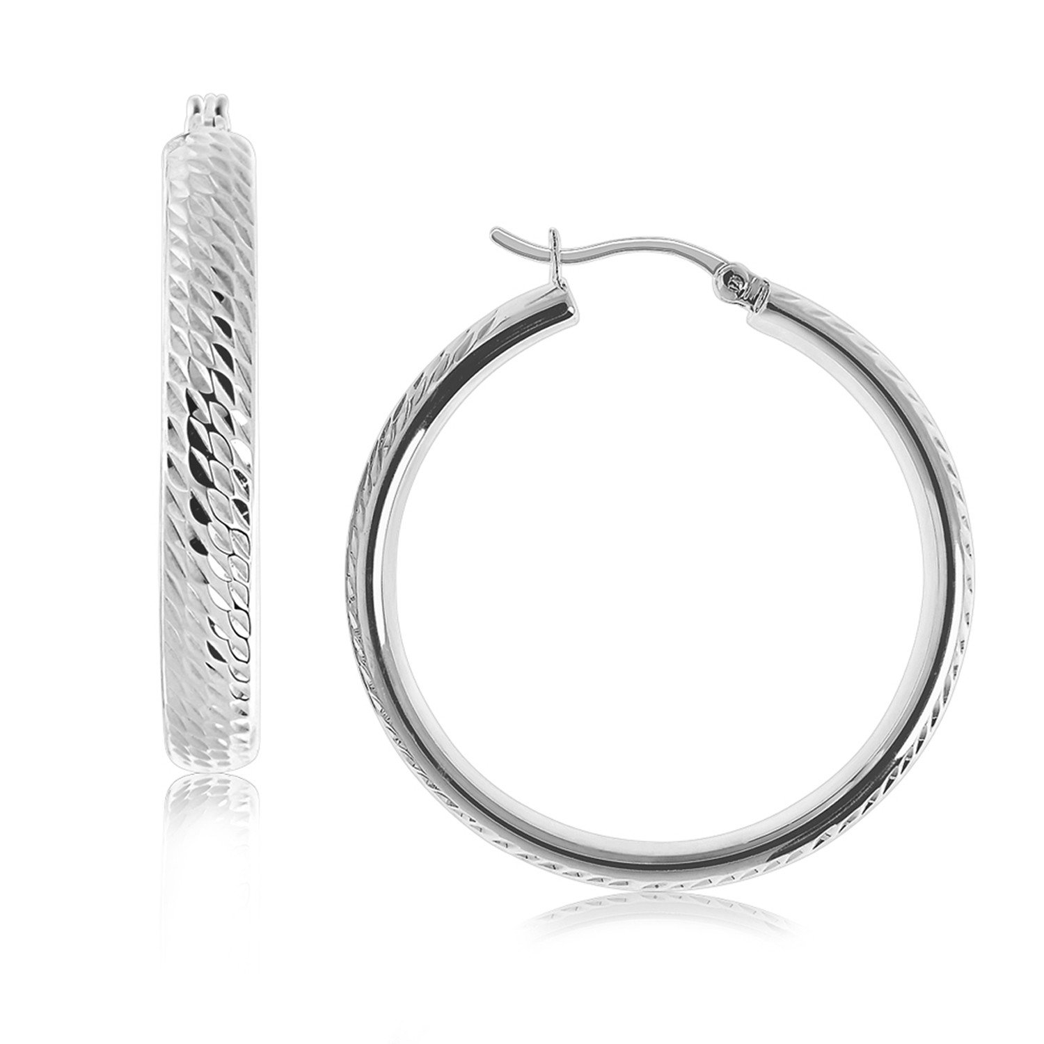 Sterling Silver Rhodium Plated Hoop Marquise Motif Diamond Cut Earrings for Women - 30mm Dangle Earrings for Party, Wedding & Everyday Wear