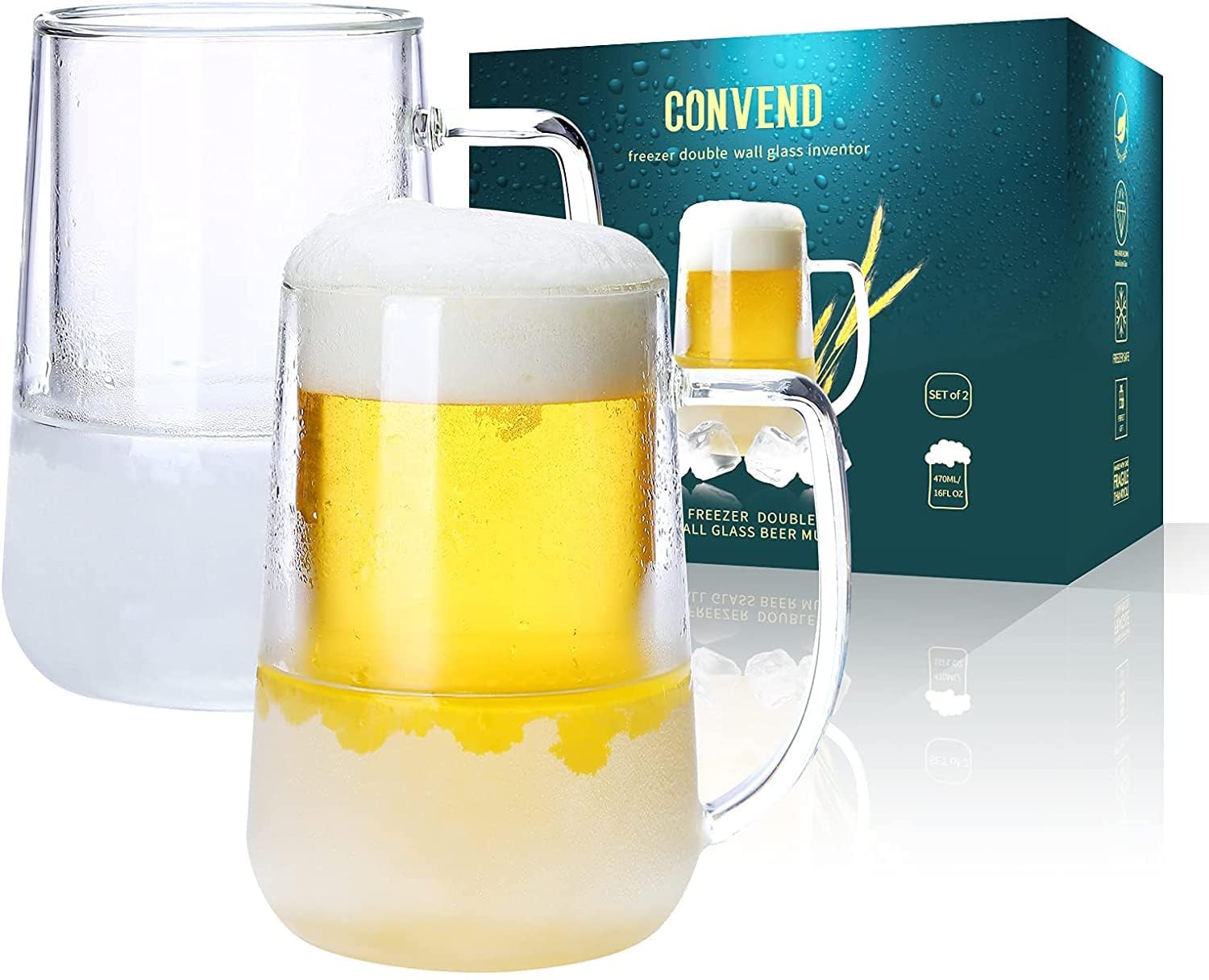 Convend Double Wall Clear Borosilicate Glass Beer Mugs - 16 Oz Freezer Safe Cups with Handle for Beer, Milk, Juice - Set of 2 - Perfect for Chilling Drinks, Parties, and Home Bars