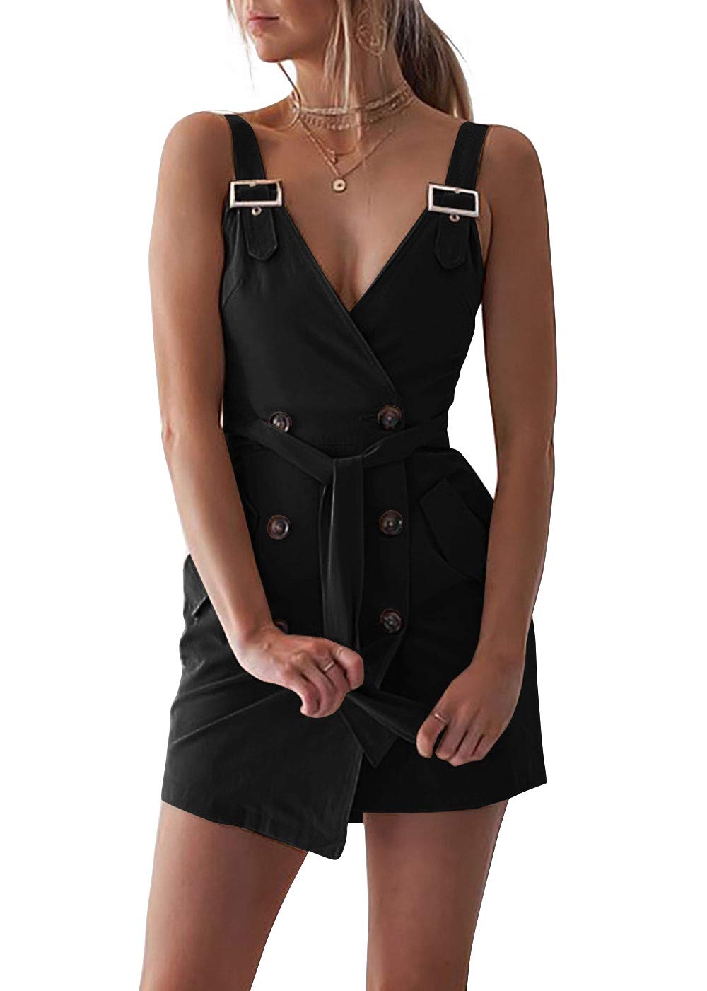 Ebossy Women's Double Breasted Sleeveless V-Neck Suspender Jumpsuit Mini Dress - Perfect for Casual Outings, Date Nights & Summer Fashion