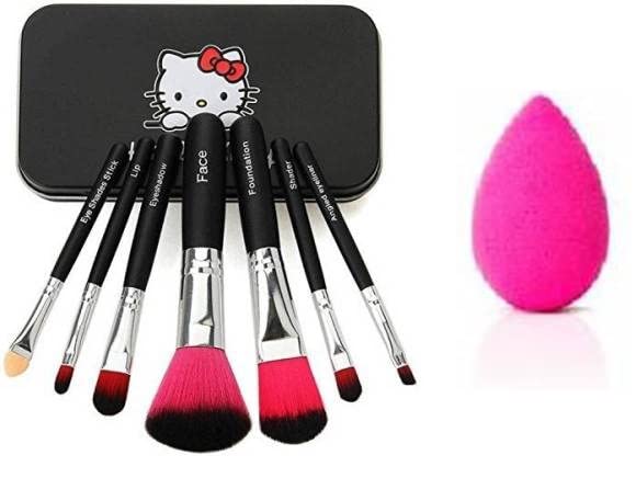 FitMe Professional 7 Black Multipurpose Makeup Brushes Set with 1 Pink Beauty Blender Sponge - 8 Piece Cosmetic Brush Kit for Foundation, Concealer, Eyeshadow & Blending - Perfect for Makeup Artists & Beginners