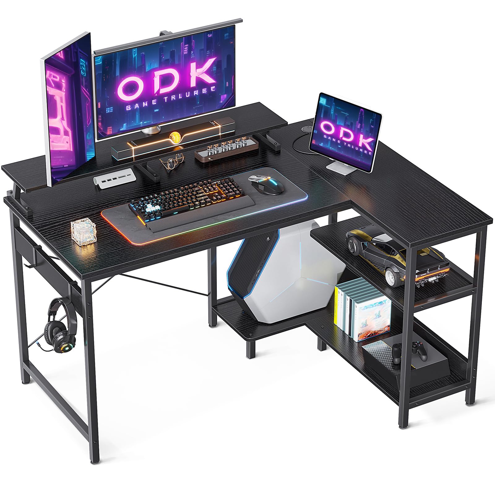 ODK L-Shaped Gaming Desk with Reversible Shelves, Computer Desk with Monitor Stand & Headphone Hooks for Home Office (Black, 120x80x88cm) - Perfect for Gaming Setup, Workstation & Small Spaces