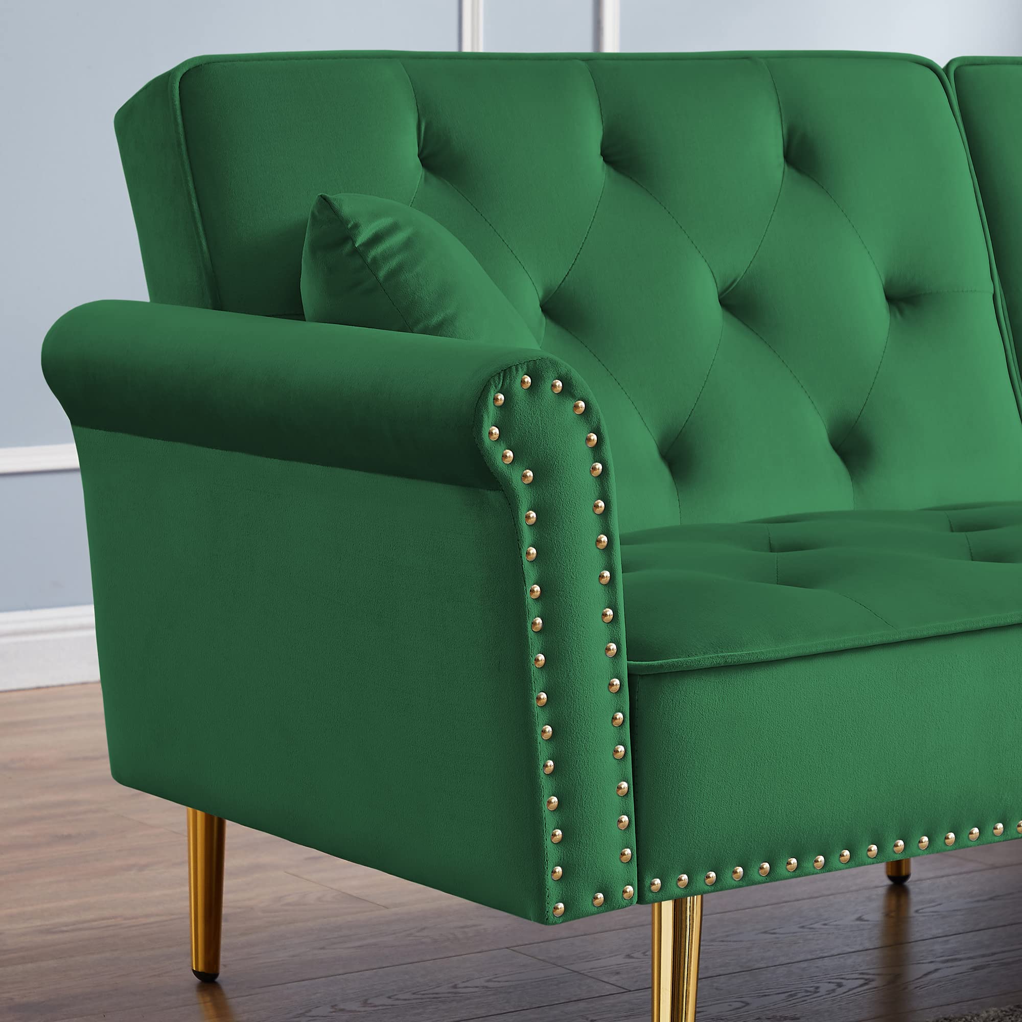 Velvet Tufted Convertible Futon Sofa Bed with 2 Pillows - Nailhead Trim & Metal Legs - Small Space Sofa Bed for Bedroom, Living Room, Apartment - Green with Gold Accent - Perfect for Guest Rooms, Studio Apartments and Cozy Reading Nooks