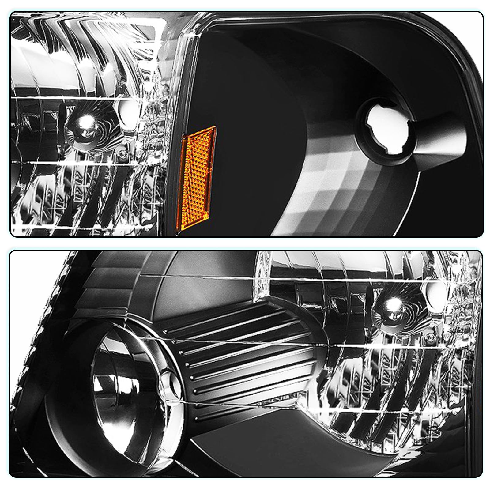 2002-2005 Ford Explorer Headlight Assembly with Bulbs - Complete 4pc Set (Driver & Passenger Side) - Black Housing & Amber Reflector - Includes Corner Lights - Perfect for Night Driving & Off-Road Adventures