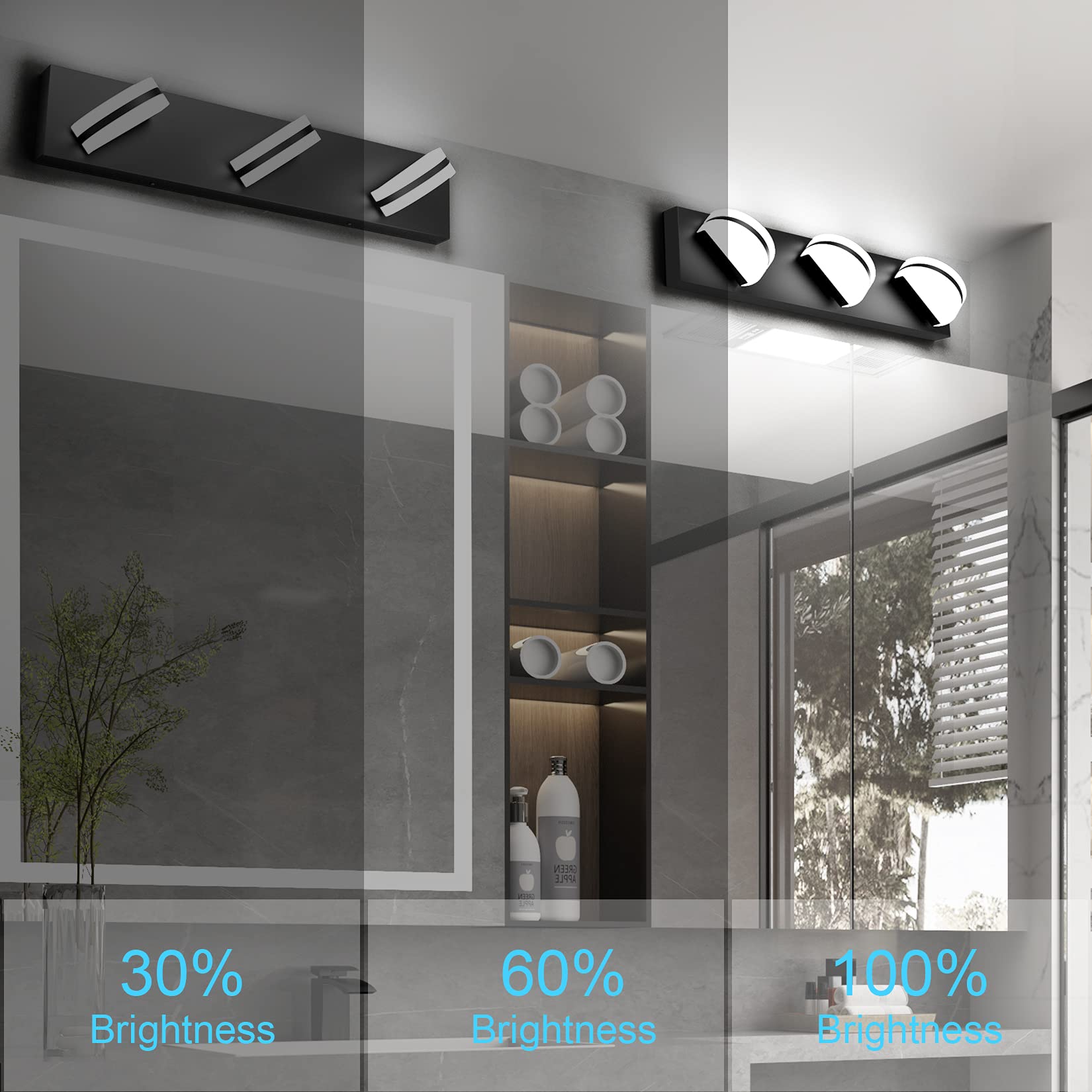 Aipsun Dimmable Modern Black Vanity Light - Acrylic LED Bathroom Wall Light with 3 Lights (6000K White Light) for Makeup Mirror, Dressing Room & Spa Decor