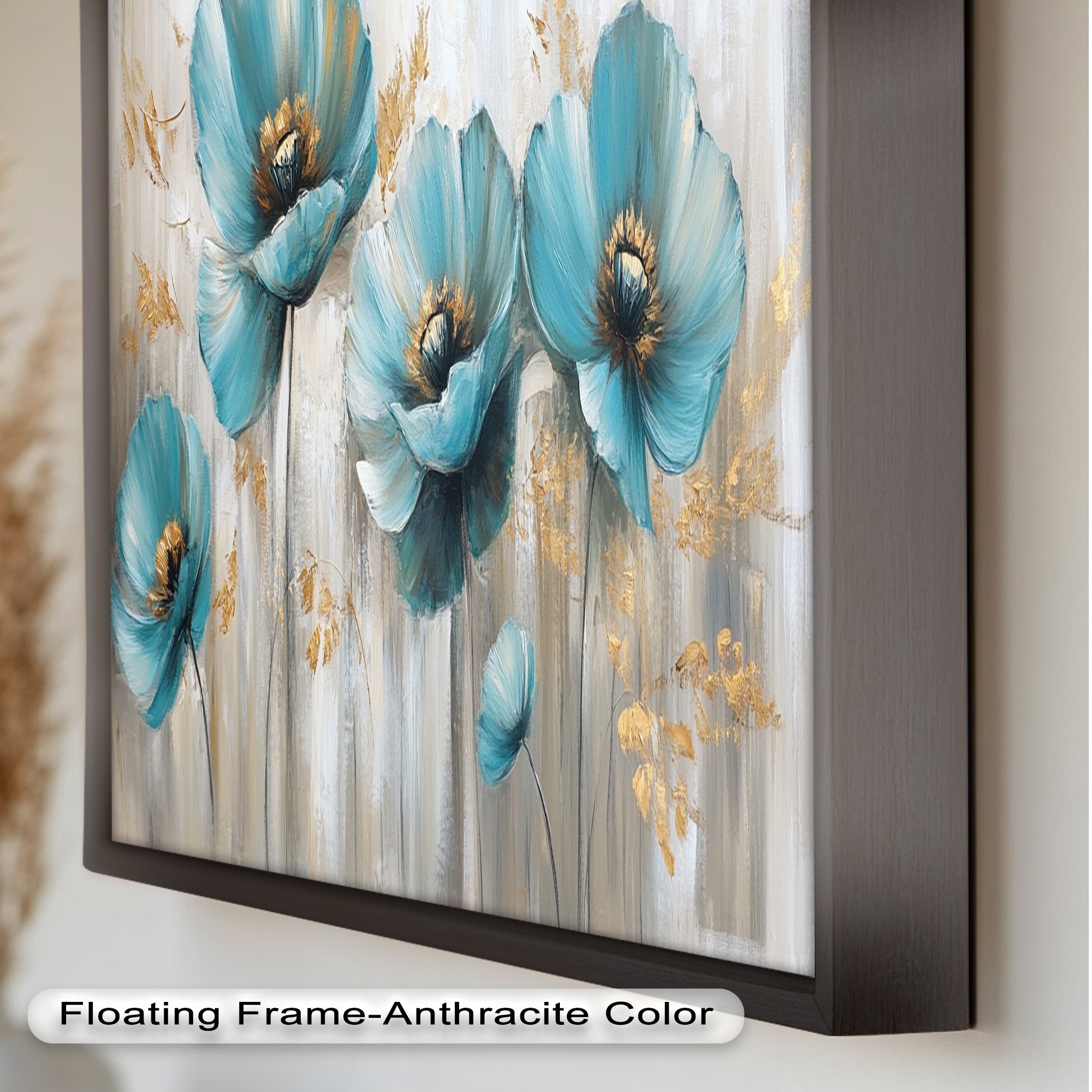 Blue Poppies with Metallic Accents Oil Painting - Floral Wall Art for Living Room, Bedroom & Office Decor