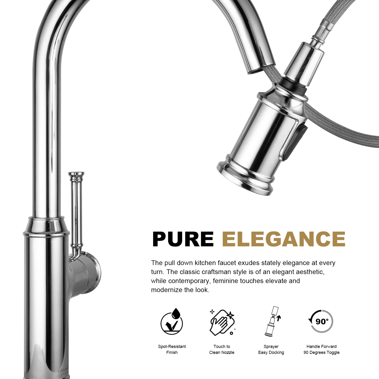 Lava Odoro Chrome Kitchen Faucet with Pull Down Sprayer - Single Handle Sink Faucet for 1 or 3 Hole Installation (Deck Plate Included) - KF421-C - Perfect for Modern Kitchens and Easy Dishwashing
