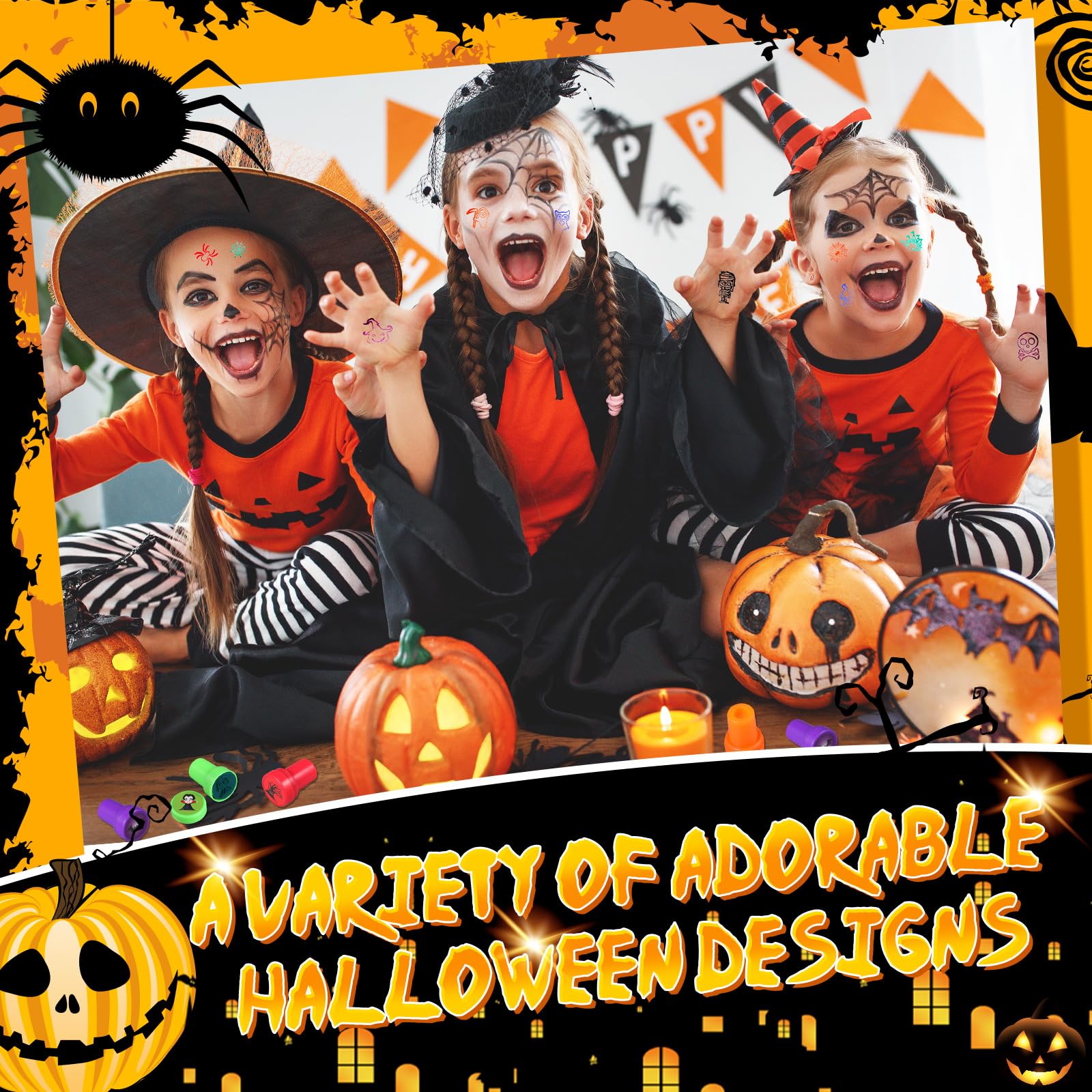 Geelin 100 Pcs Halloween Self-Inking Stamps Bulk Set - 25 Spooky Designs for Kids, Trick or Treat Party Favors, Classroom Prizes & Goodie Bag Fillers - Perfect for Halloween Parties, School Activities & DIY Crafts