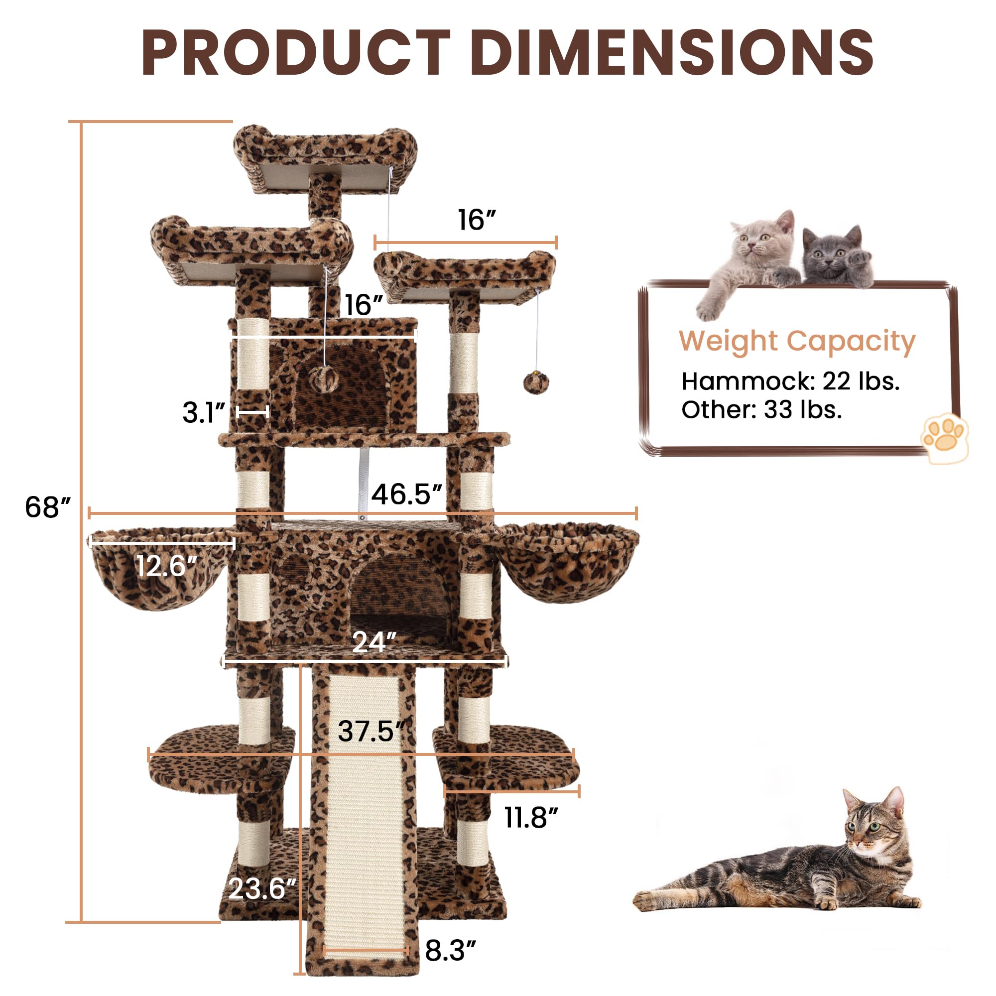 68-Inch Multi-Level Large Cat Tree for Big Cats - Sturdy Cat Tower with Condo, Plush Perches, Sisal Scratching Posts & Hammocks - Leopard Print Activity Center for Play & Rest (Ideal for Large Kitties & Active Cats)