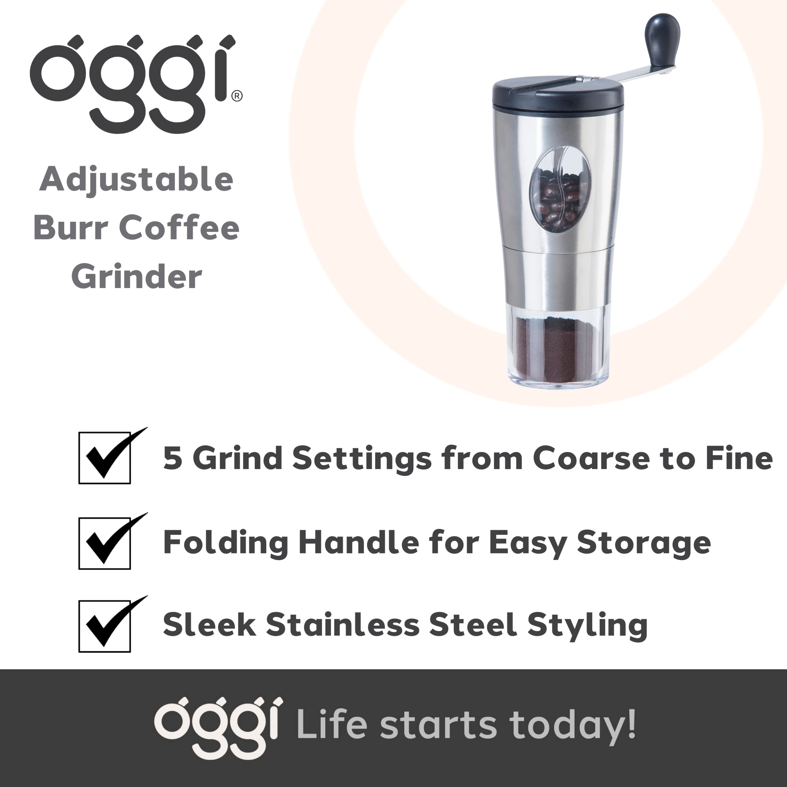 Premium Oggi Manual Coffee Grinder - Stainless Steel Burr Mill with Flip-Over Handle for Compact Storage - Perfect for Home, Office & Travel Coffee Brewing
