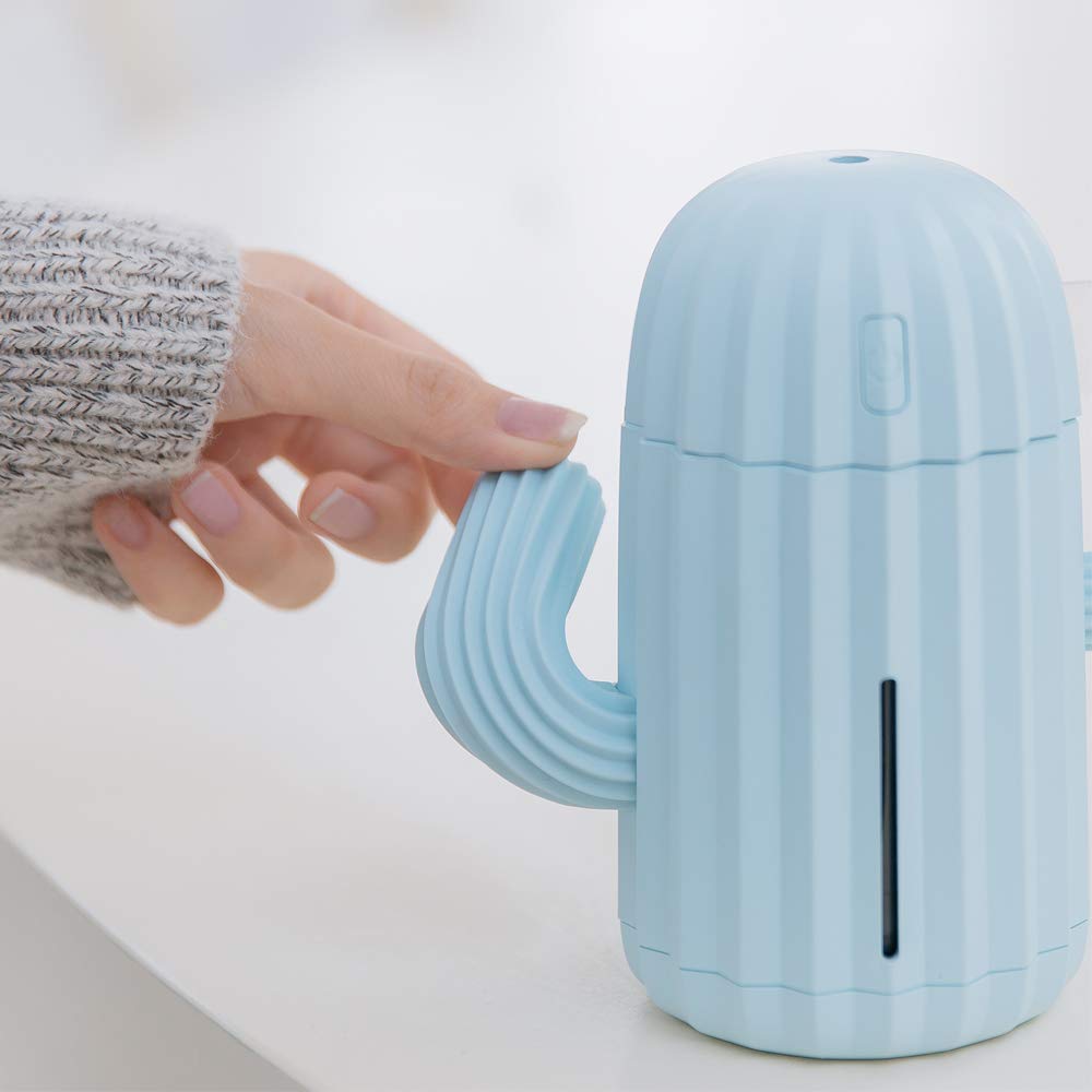 Mini Humidifier with Night Light - Portable Cactus Air Humidifier for Yoga, Office, Spa, Bedroom & Baby Room | Small Room Humidifier with Silica Gel Diffuser (Blue) - Perfect for Dry Air Relief in Home, Nursery & Workspaces