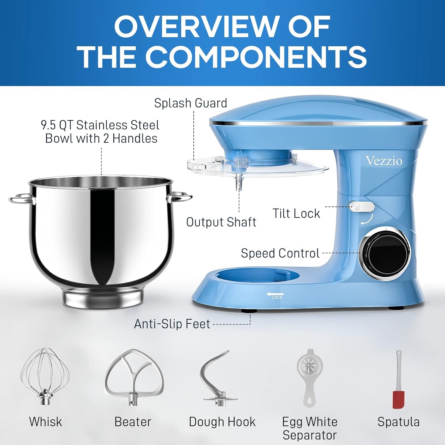 Vezzio 660W 10-Speed Tilt-Head Stand Mixer with 9.5 Qt Stainless Steel Bowl - Dishwasher Safe Attachments - Powerful Electric Kitchen Mixer for Baking, Dough, Whipping - Perfect for Home Bakers & Cooking Enthusiasts (Blue)