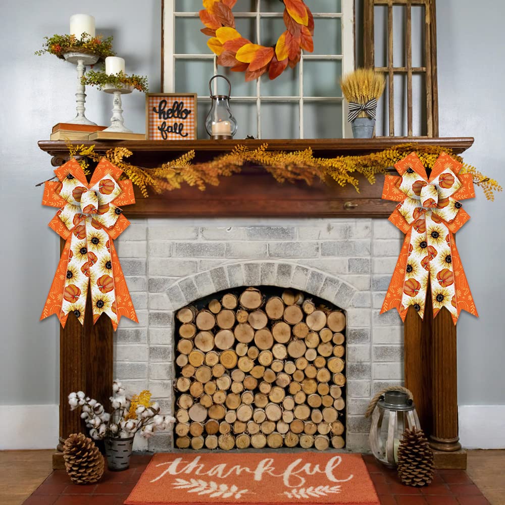 Fall Pumpkin Wreath Bows - Orange White Burlap Decor for Thanksgiving Door
