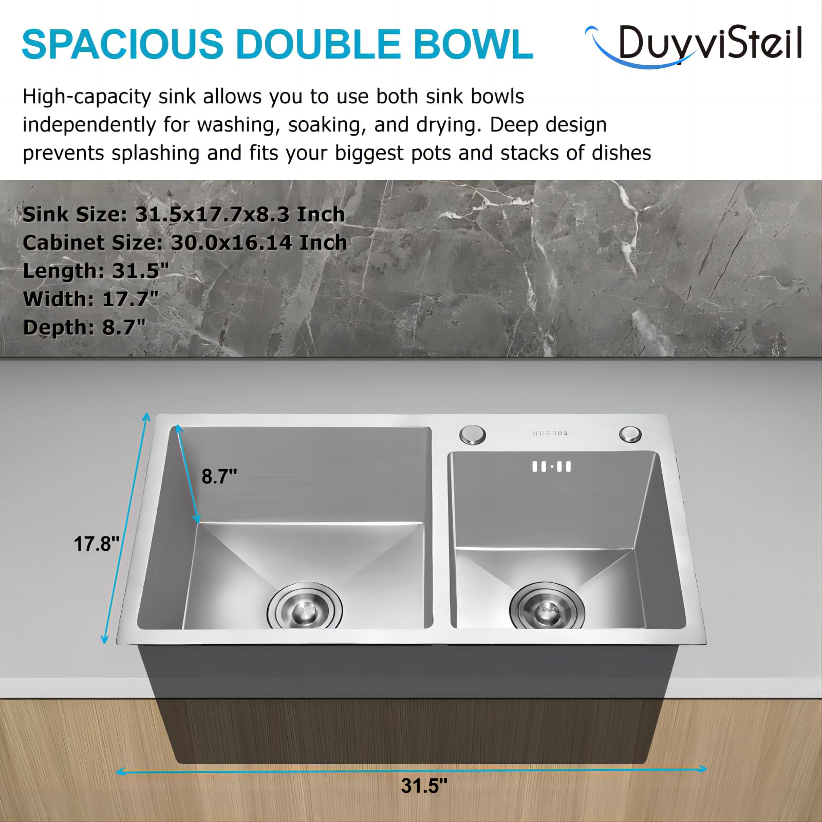 31.5x17.7 Inch Drop-in/Topmount Double Bowl Stainless Steel Kitchen Sink - Nano-Coated, Anti-Clog Drainage & Fruit Baskets Included - Perfect for Modern Kitchens, Meal Prep & Dishwashing