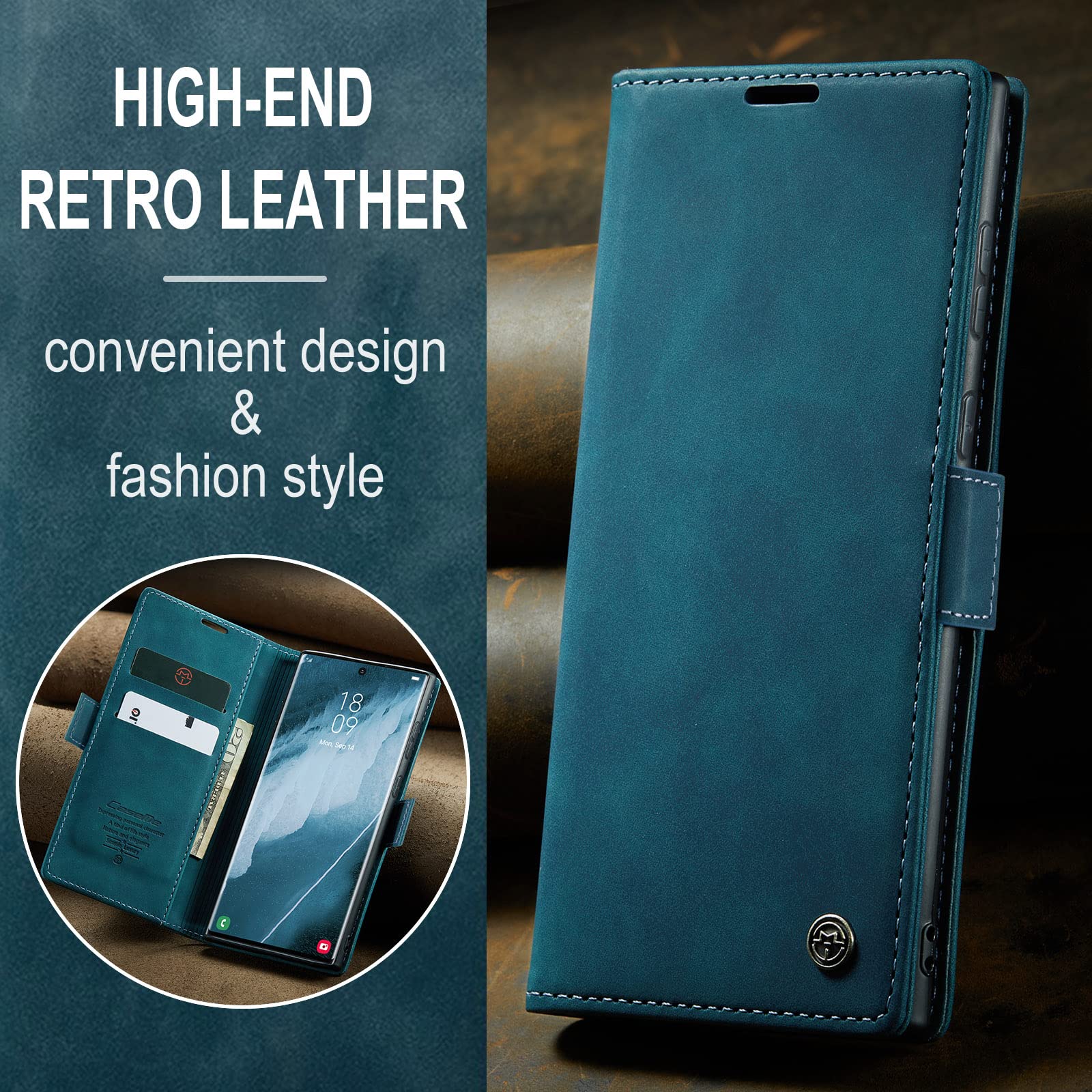 Premium PU Leather Wallet Case for Samsung Galaxy S22 Ultra 5G - Vintage Matte Flip Cover with Card Slots & Magnetic Closure | Stand Function, Shockproof Protection (Blue) | Perfect for Business, Travel & Everyday Use