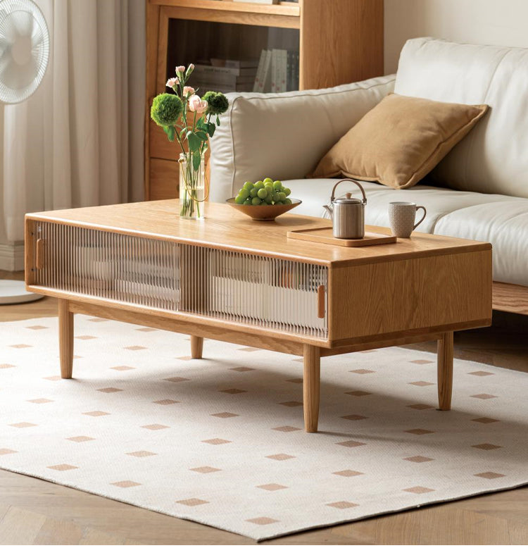 Solid Oak and Beech Wood Coffee Table with Glass Doors - Modern Living Room Furniture for Home Decor and Entertainment