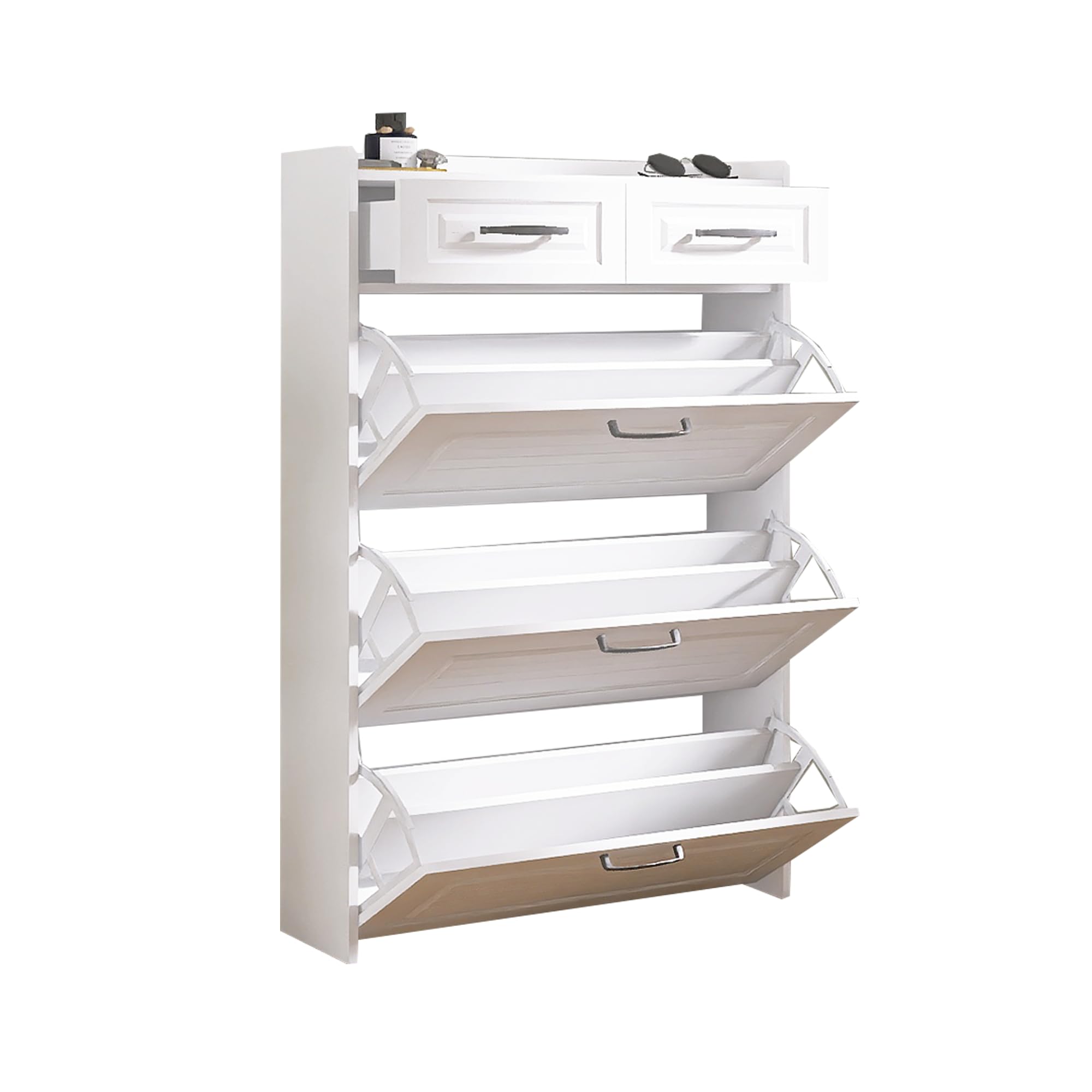 CuisinSmart 3-Door 2-Drawer Hidden Shoe Storage Cabinet - Freestanding Slim Shoe Organizer for Entryway, Apartment, Living Room - White (Perfect for Small Spaces & Clutter-Free Home Organization)