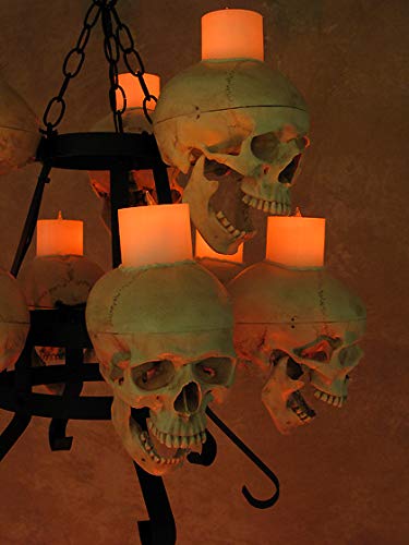 Two-Tiered Skull Metal Chandelier with 9 Skulls & Wax Candles - Gothic Home Decor for Dining Room, Living Room, or Halloween Party Lighting