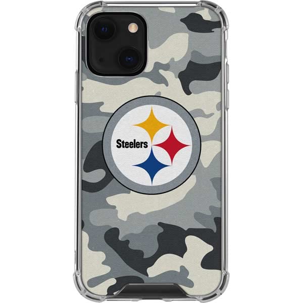 Officially Licensed NFL Pittsburgh Steelers Camo Design Clear Phone Case for iPhone 13 - Durable Protection with Stylish Team Spirit for Football Fans & Game Days